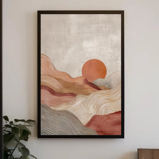 Minimalist Landscape Print | Japandi Wall Art | Abstract Sun and Hills Canvas | Boho Line Art with Terracotta Tones Wall Art – Canvas Print