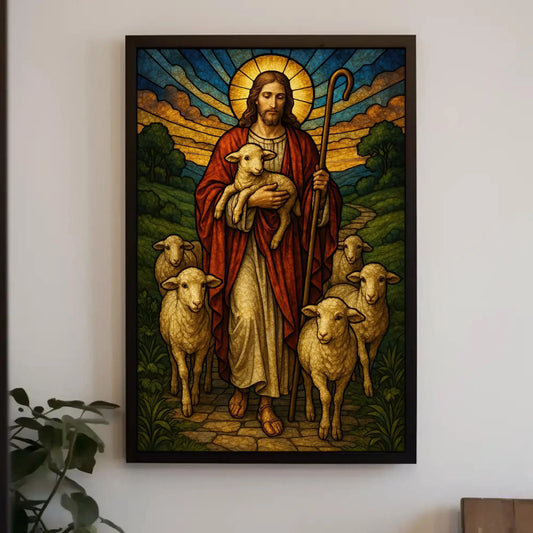Good Shepherd Stained Glass Art | Jesus with Lambs Canvas | Christian Wall Decor | Catholic Religious Print for Church Wall Art – Canvas Print