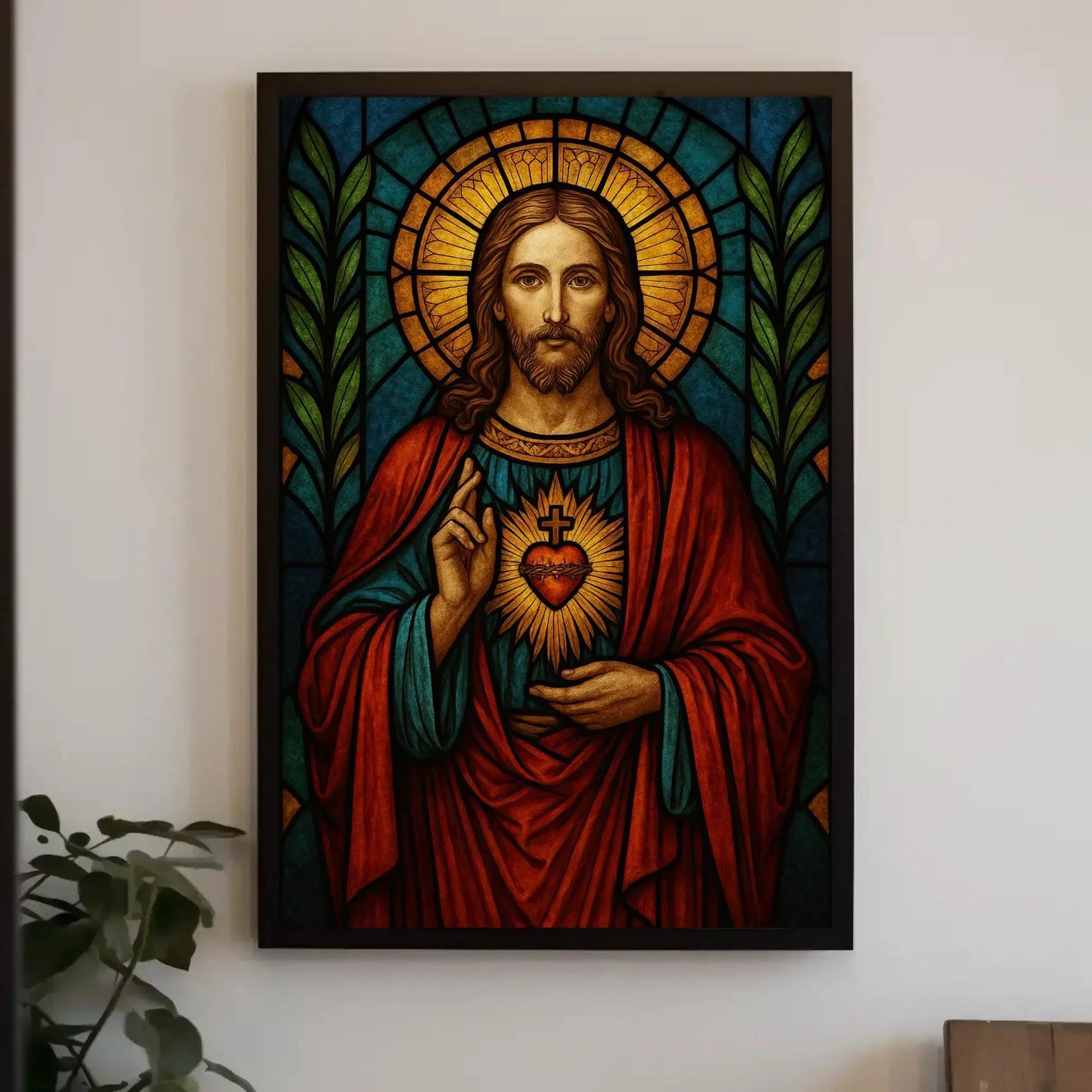 Sacred Heart of Jesus stained glass style wall art print Christian religious artwork Catholic home decor spiritual gift inspirational poster Wall Art – Canvas Print