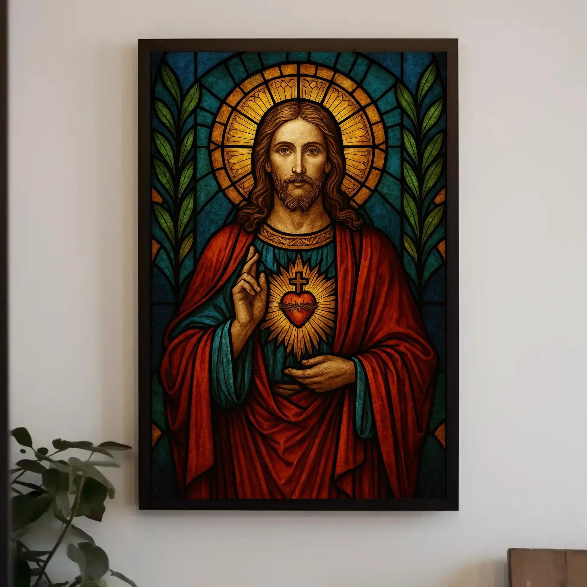 Sacred Heart of Jesus stained glass style wall art print Christian religious artwork Catholic home decor spiritual gift inspirational poster Wall Art – Canvas Print