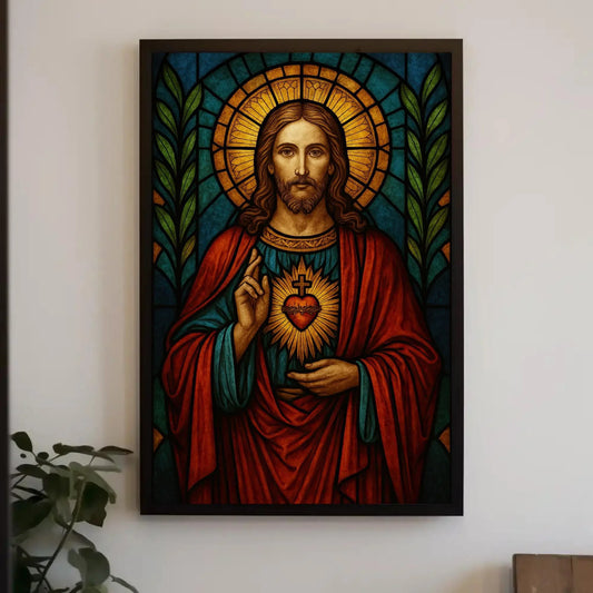Sacred Heart of Jesus stained glass style wall art print Christian religious artwork Catholic home decor spiritual gift inspirational poster Wall Art – Canvas Print