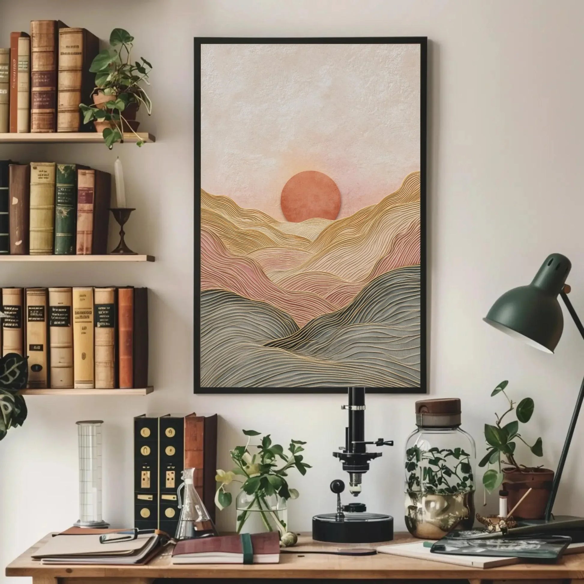 Japandi Wall Art | Minimalist Line Art Landscape | Abstract Sun and Hills Canvas | Terracotta Earth Tone Decor Wall Art – Canvas Print