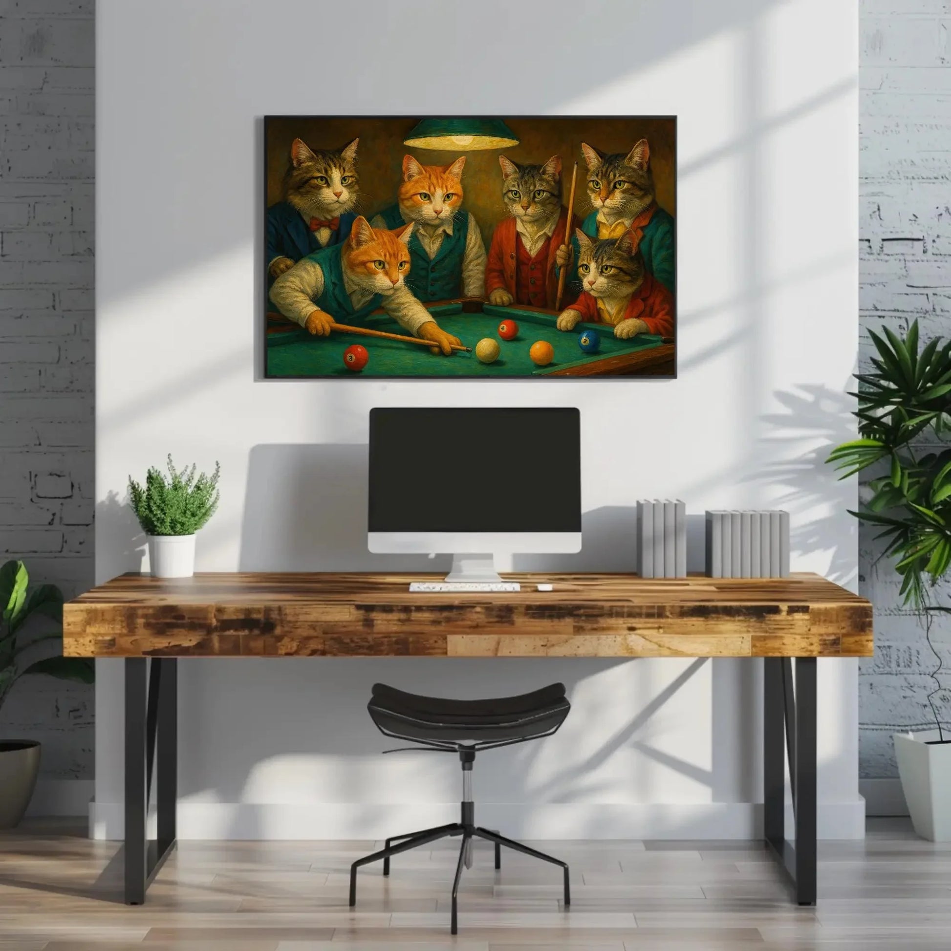 Cats Playing Pool Canvas Print Funny Animal Painting of Dressed Cats Shooting Billiards in Bar Art Wall Decor for Game Room or Lounge Wall Art – Canvas Print