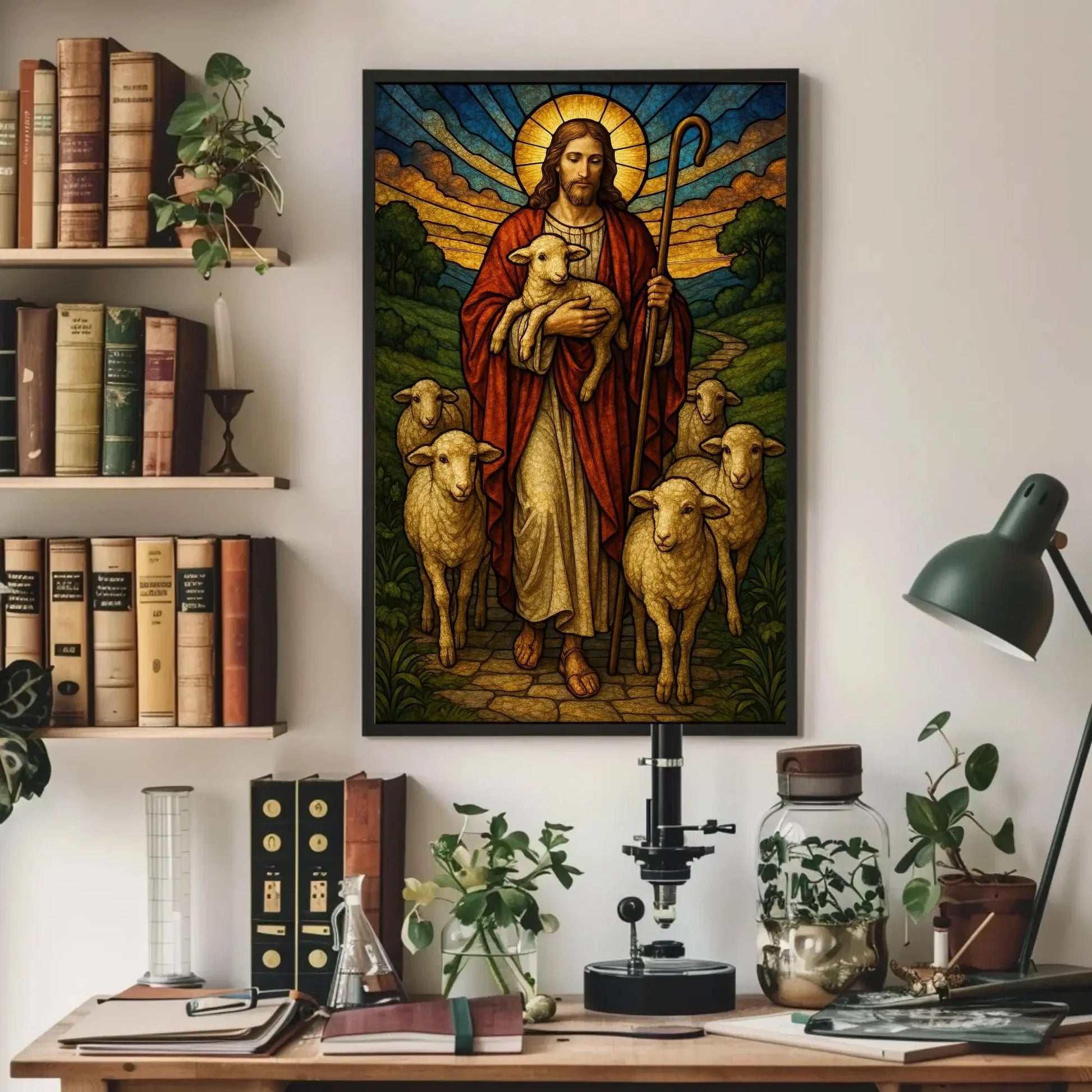 Good Shepherd Stained Glass Art | Jesus with Lambs Canvas | Christian Wall Decor | Catholic Religious Print for Church Wall Art – Canvas Print