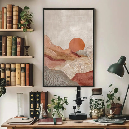 Minimalist Landscape Print | Japandi Wall Art | Abstract Sun and Hills Canvas | Boho Line Art with Terracotta Tones Wall Art – Canvas Print