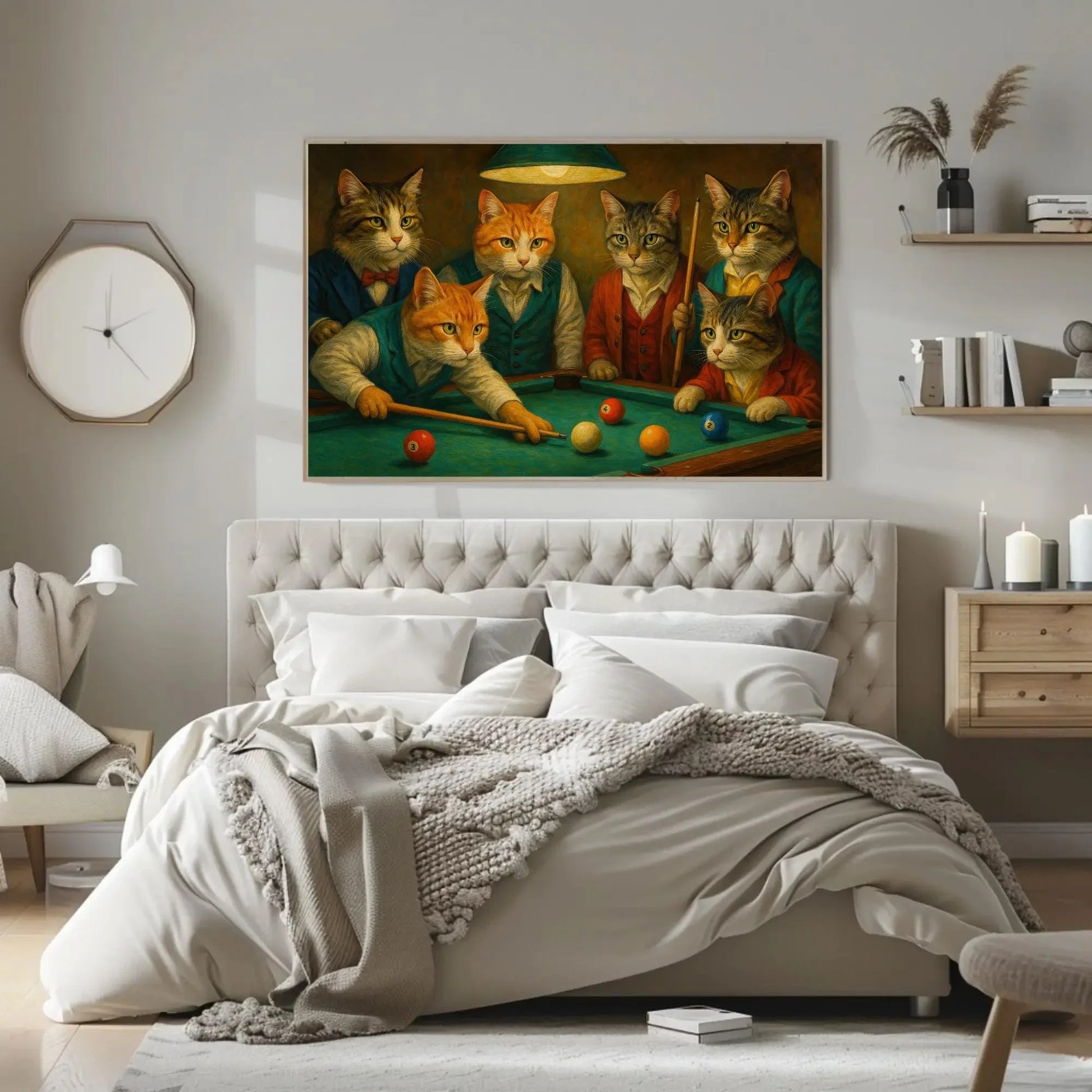 Cats Playing Pool Canvas Print Funny Animal Painting of Dressed Cats Shooting Billiards in Bar Art Wall Decor for Game Room or Lounge Wall Art – Canvas Print