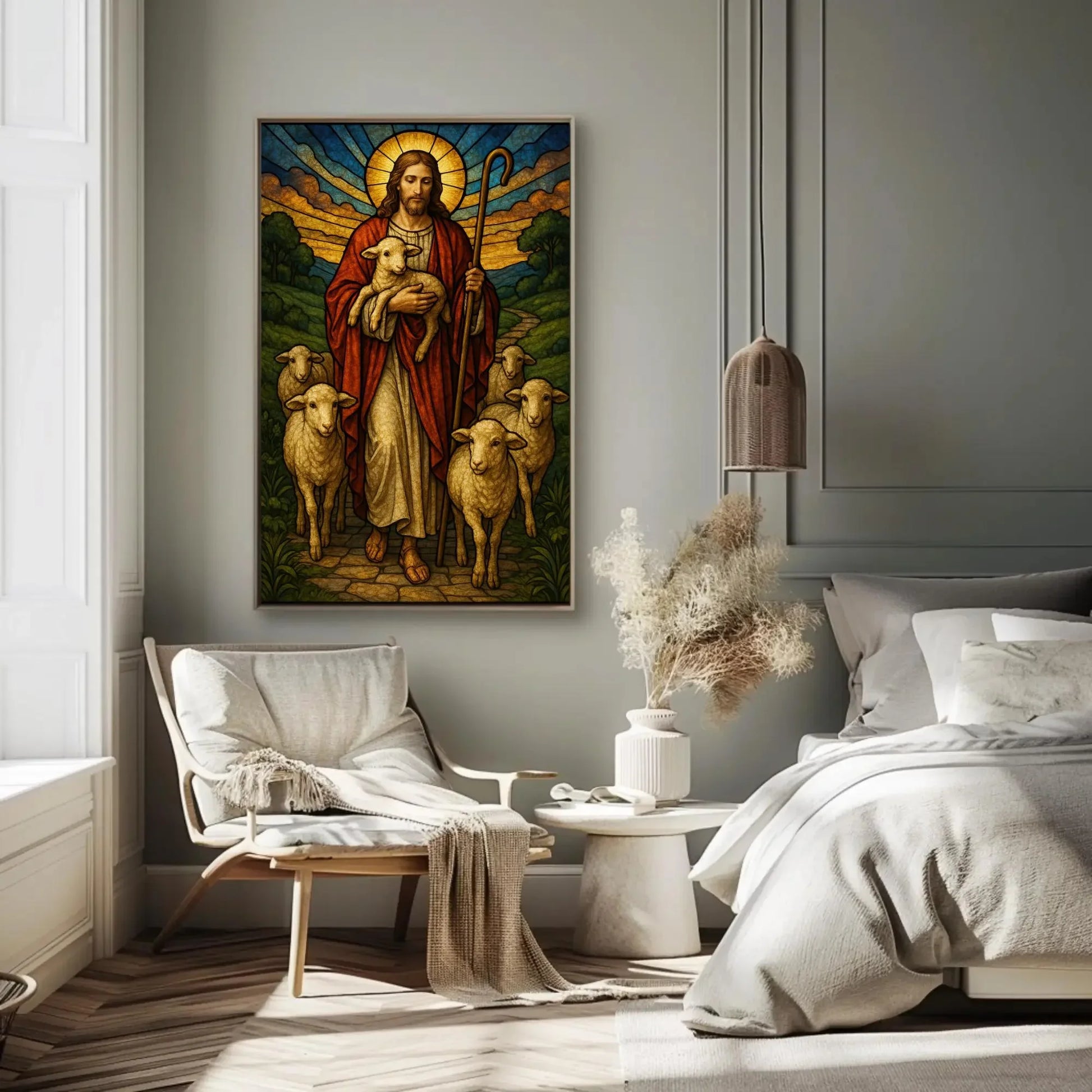 Good Shepherd Stained Glass Art | Jesus with Lambs Canvas | Christian Wall Decor | Catholic Religious Print for Church Wall Art – Canvas Print