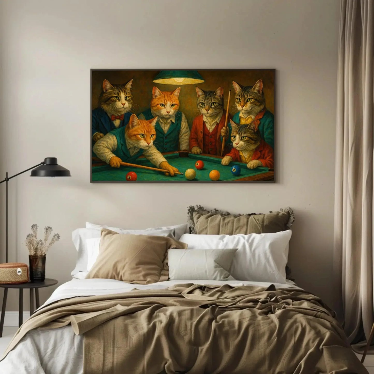 Cats Playing Pool Canvas Print Funny Animal Painting of Dressed Cats Shooting Billiards in Bar Art Wall Decor for Game Room or Lounge Wall Art – Canvas Print