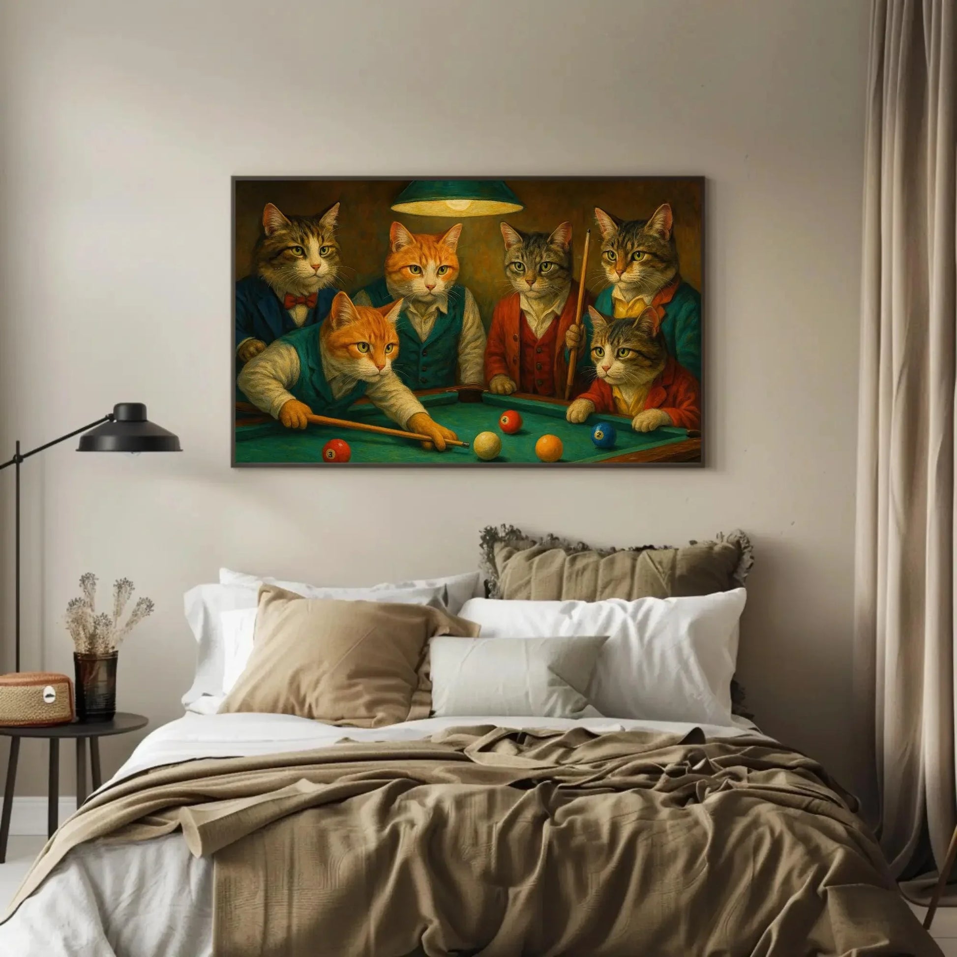 Cats Playing Pool Canvas Print Funny Animal Painting of Dressed Cats Shooting Billiards in Bar Art Wall Decor for Game Room or Lounge Wall Art – Canvas Print