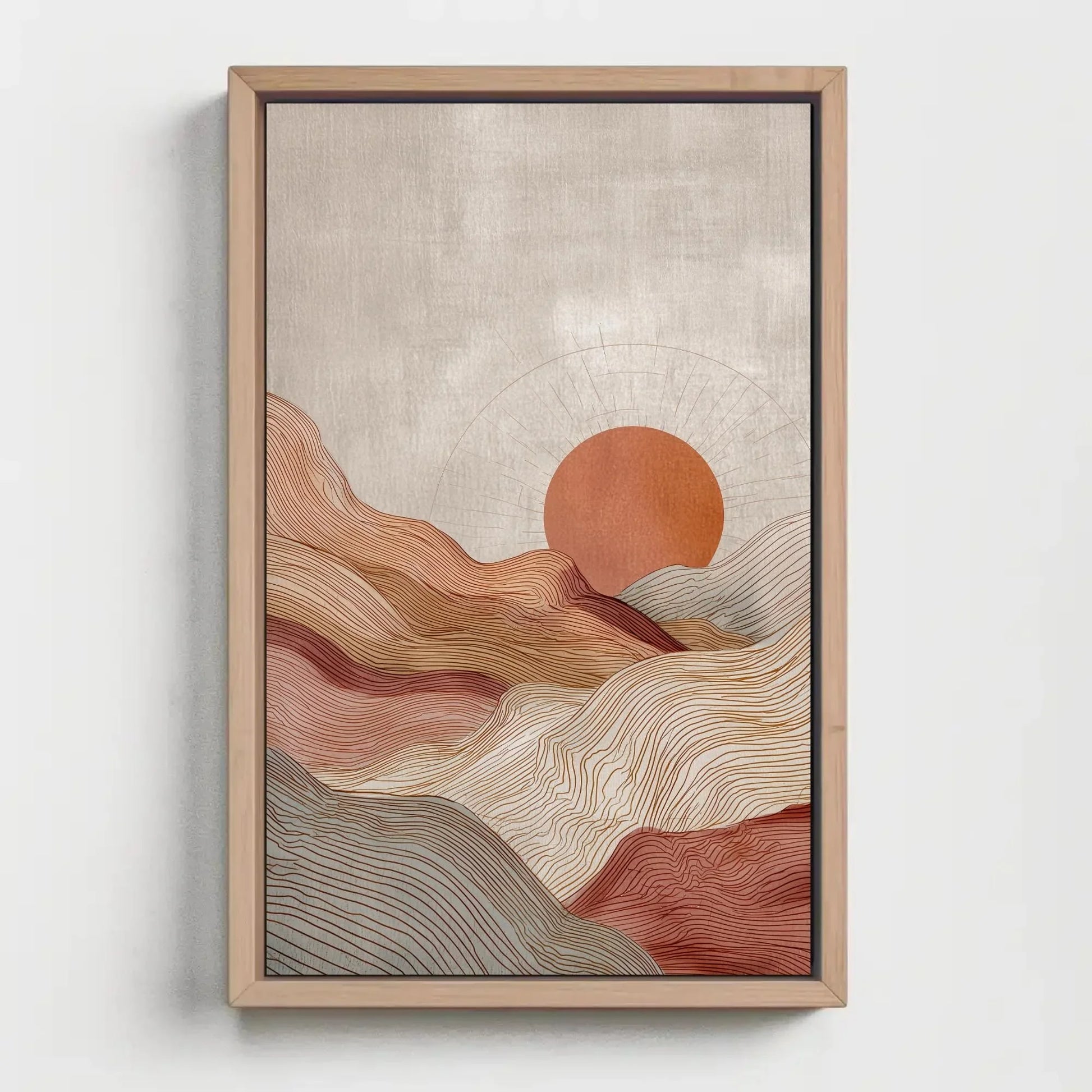 Minimalist Landscape Print | Japandi Wall Art | Abstract Sun and Hills Canvas | Boho Line Art with Terracotta Tones Wall Art – Canvas Print