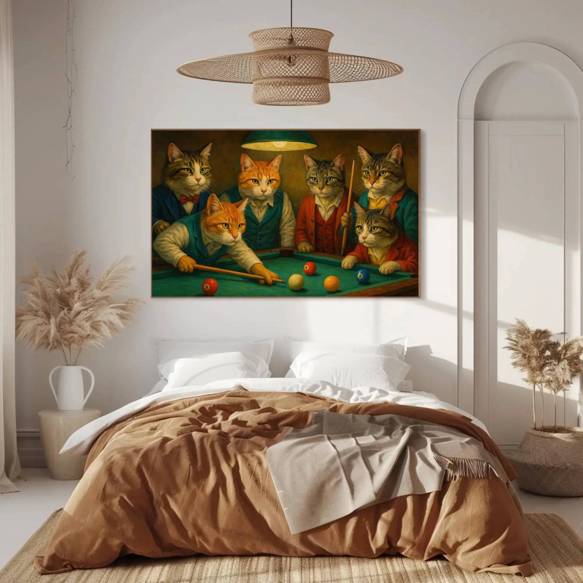 Cats Playing Pool Canvas Print Funny Animal Painting of Dressed Cats Shooting Billiards in Bar Art Wall Decor for Game Room or Lounge Wall Art – Canvas Print