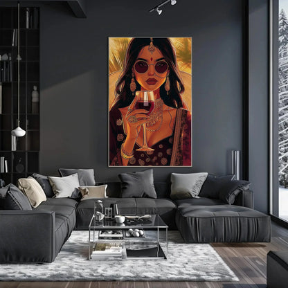 Stylish Indian Woman Drinking Wine Wall Art, Framed Canvas Print, Indian Desi Wall art, Brown Girl Print, South Asian Wall Art Gift Wall Art – Canvas Print