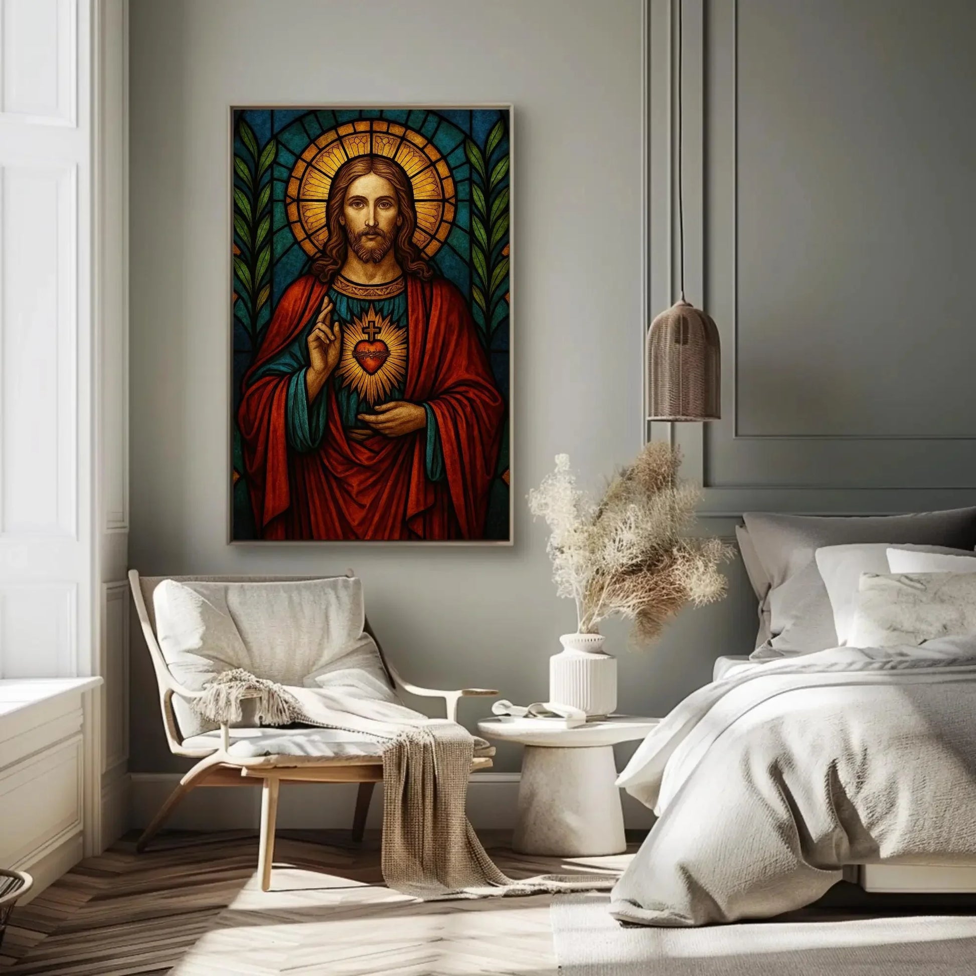 Sacred Heart of Jesus stained glass style wall art print Christian religious artwork Catholic home decor spiritual gift inspirational poster Wall Art – Canvas Print