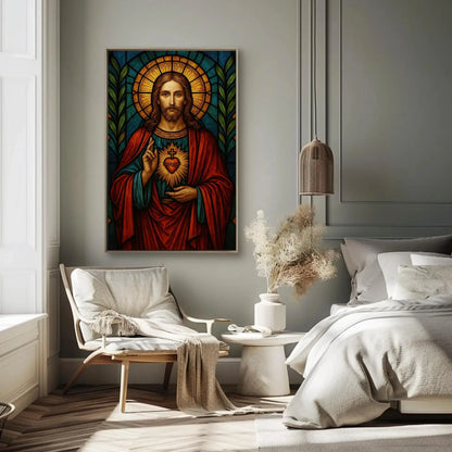 Sacred Heart of Jesus stained glass style wall art print Christian religious artwork Catholic home decor spiritual gift inspirational poster Wall Art – Canvas Print