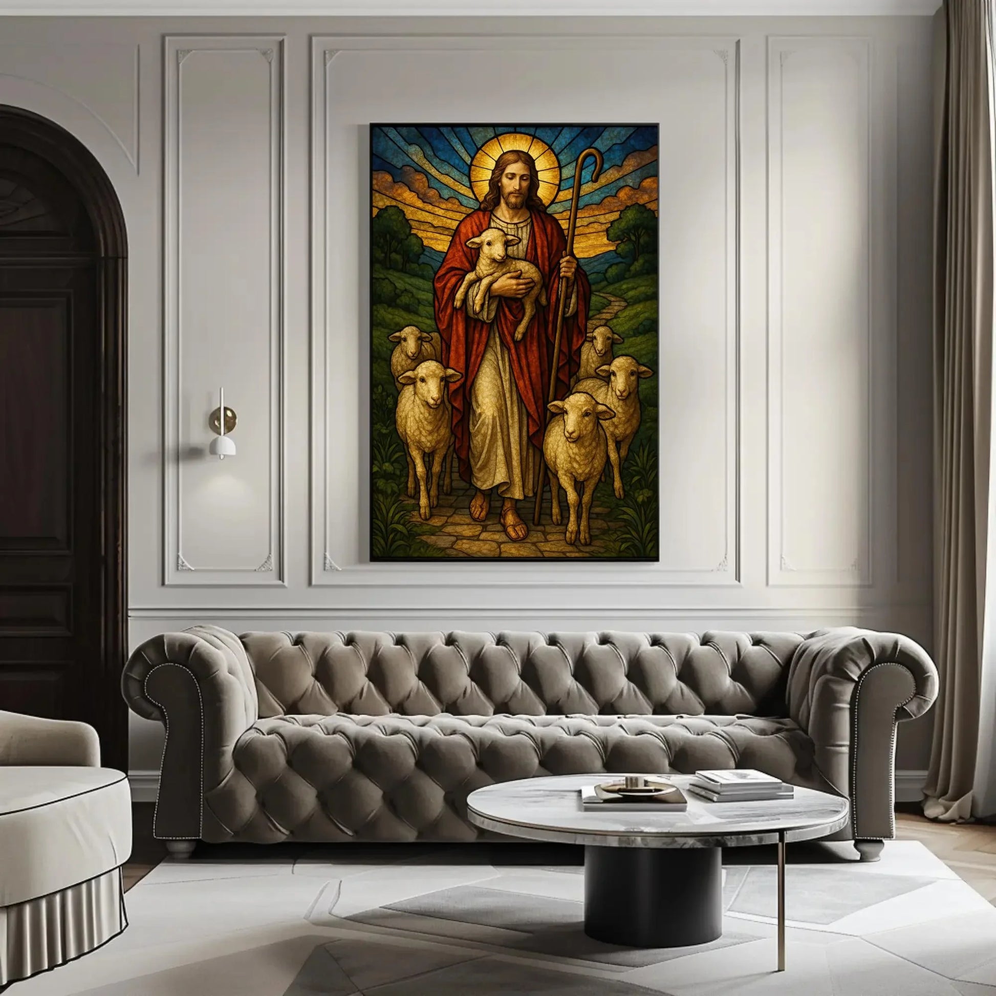 Good Shepherd Stained Glass Art | Jesus with Lambs Canvas | Christian Wall Decor | Catholic Religious Print for Church Wall Art – Canvas Print