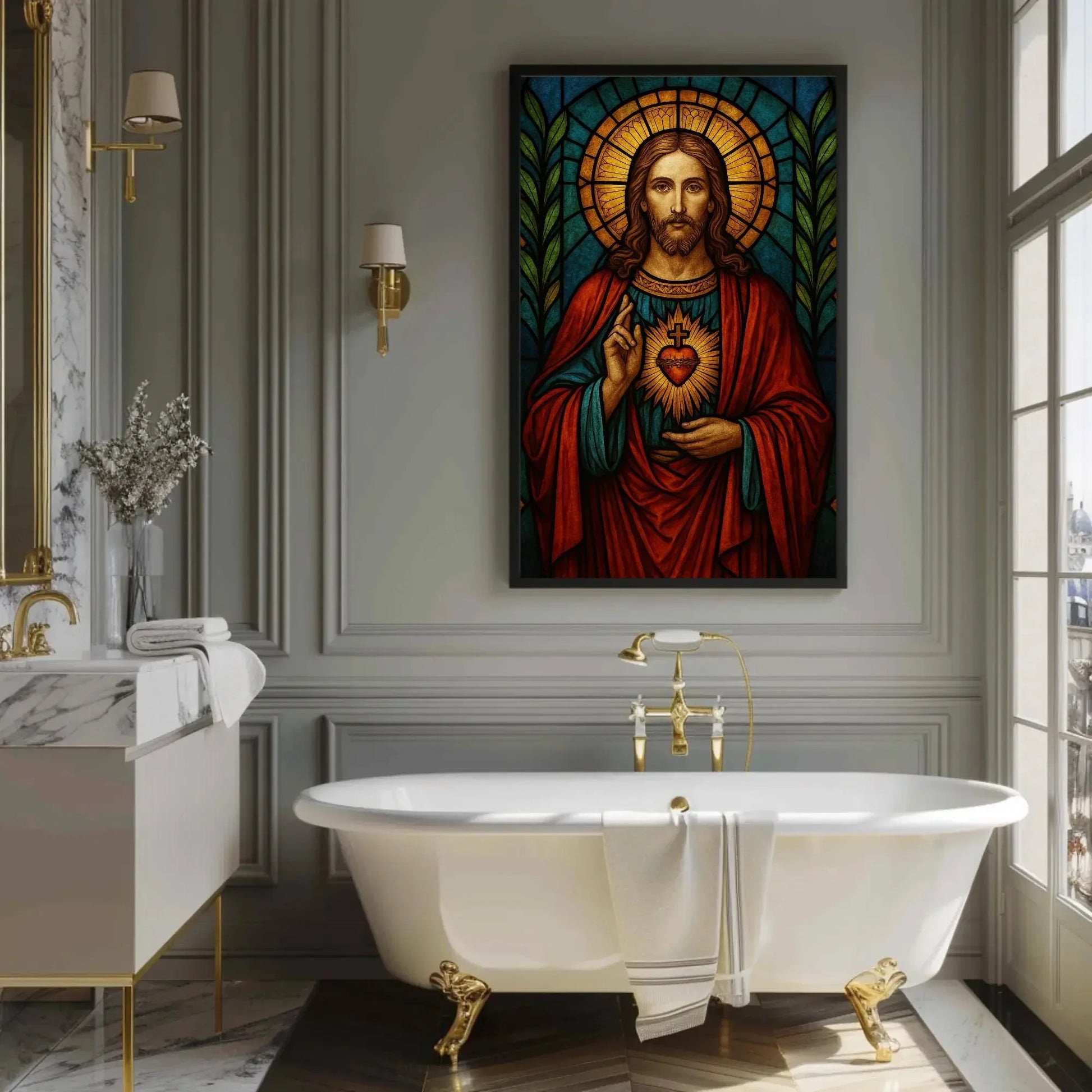 Sacred Heart of Jesus stained glass style wall art print Christian religious artwork Catholic home decor spiritual gift inspirational poster Wall Art – Canvas Print