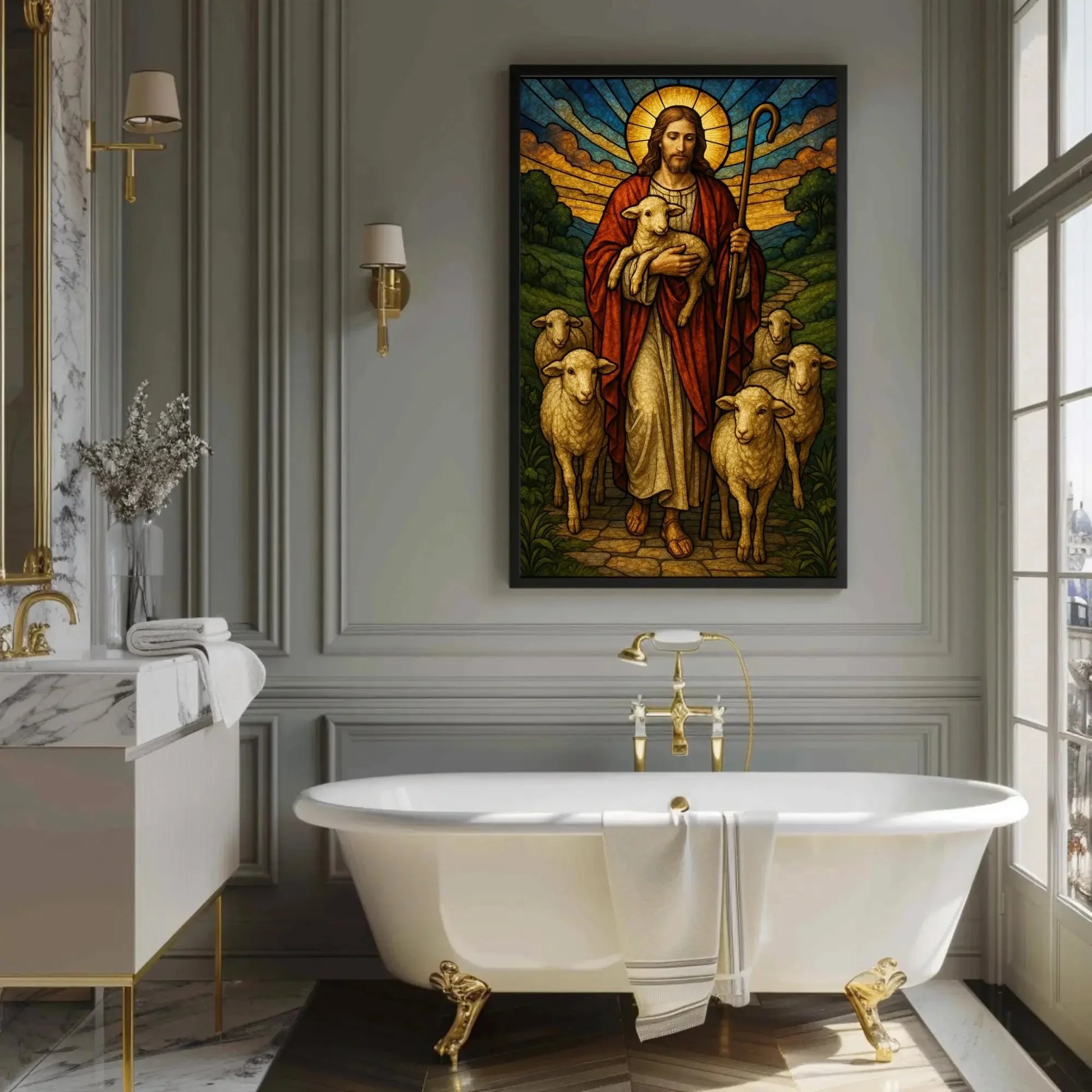 Good Shepherd Stained Glass Art | Jesus with Lambs Canvas | Christian Wall Decor | Catholic Religious Print for Church Wall Art – Canvas Print