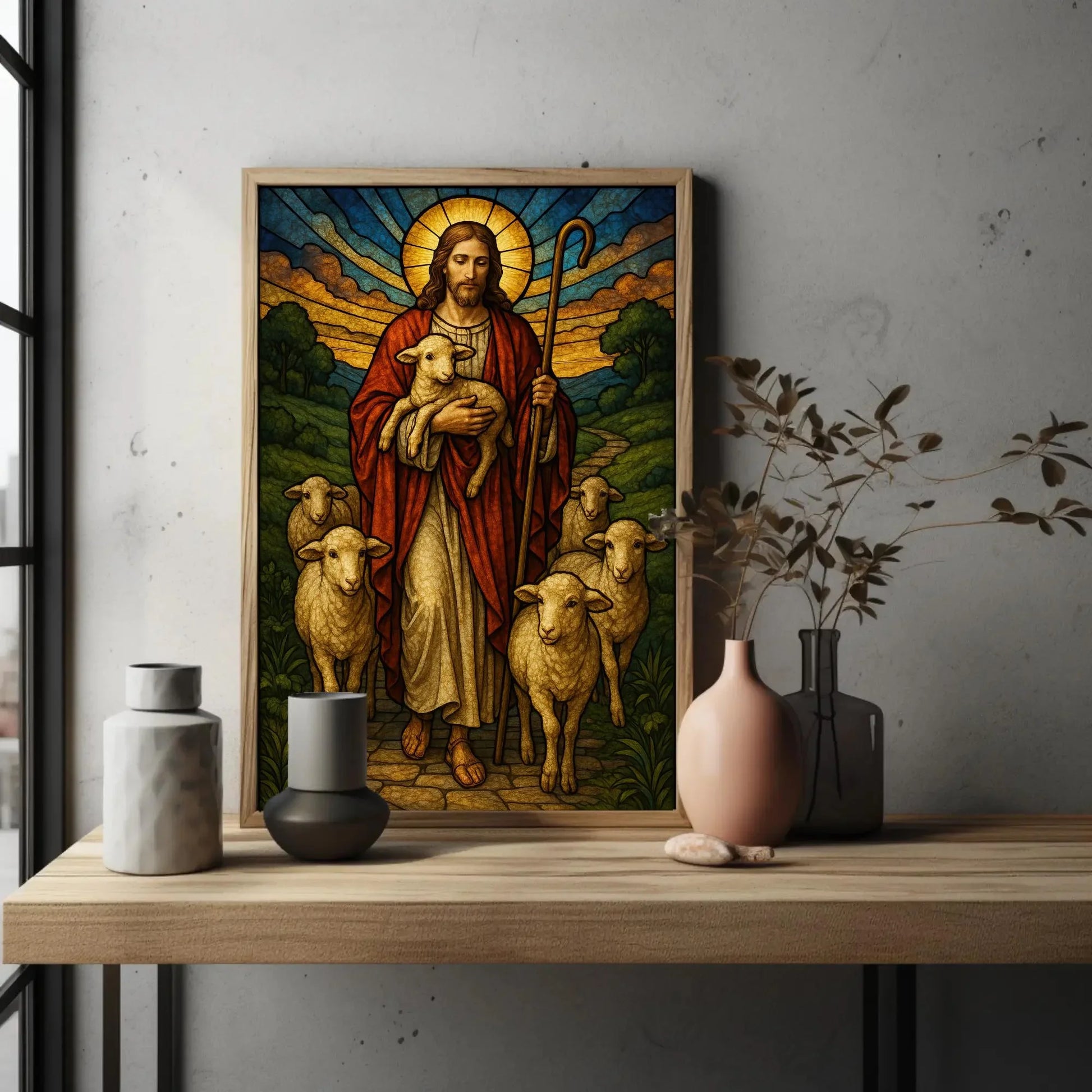 Good Shepherd Stained Glass Art | Jesus with Lambs Canvas | Christian Wall Decor | Catholic Religious Print for Church Wall Art – Canvas Print