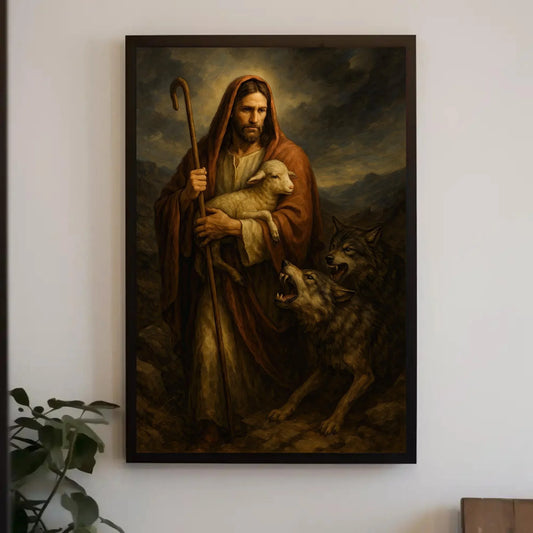 Good Shepherd Painting | Jesus Protecting Lamb from Wolves | Christian Wall Art Canvas | Moody Religious Decor Wall Art – Canvas Print