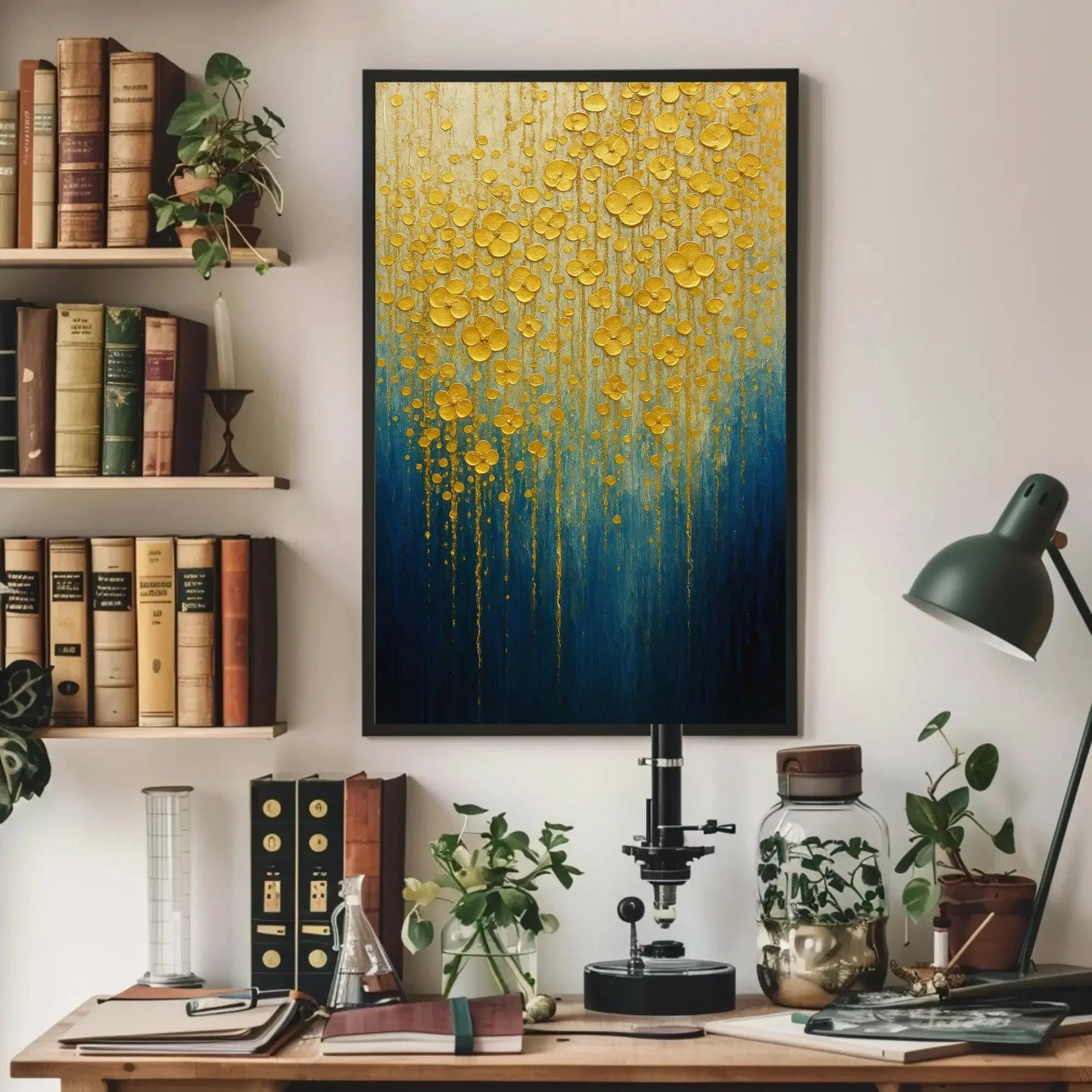 Gold Flower Wall Art | Textured Abstract Painting | Blue and Gold Decor Canvas | Luxury Impasto Floral for Living Room Wall Art – Canvas Print