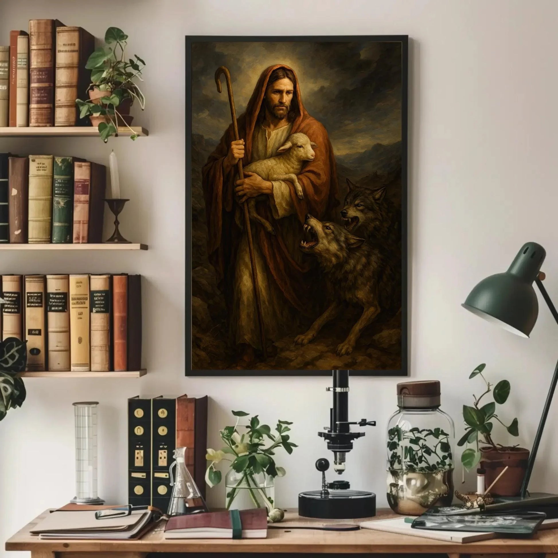 Good Shepherd Painting | Jesus Protecting Lamb from Wolves | Christian Wall Art Canvas | Moody Religious Decor Wall Art – Canvas Print