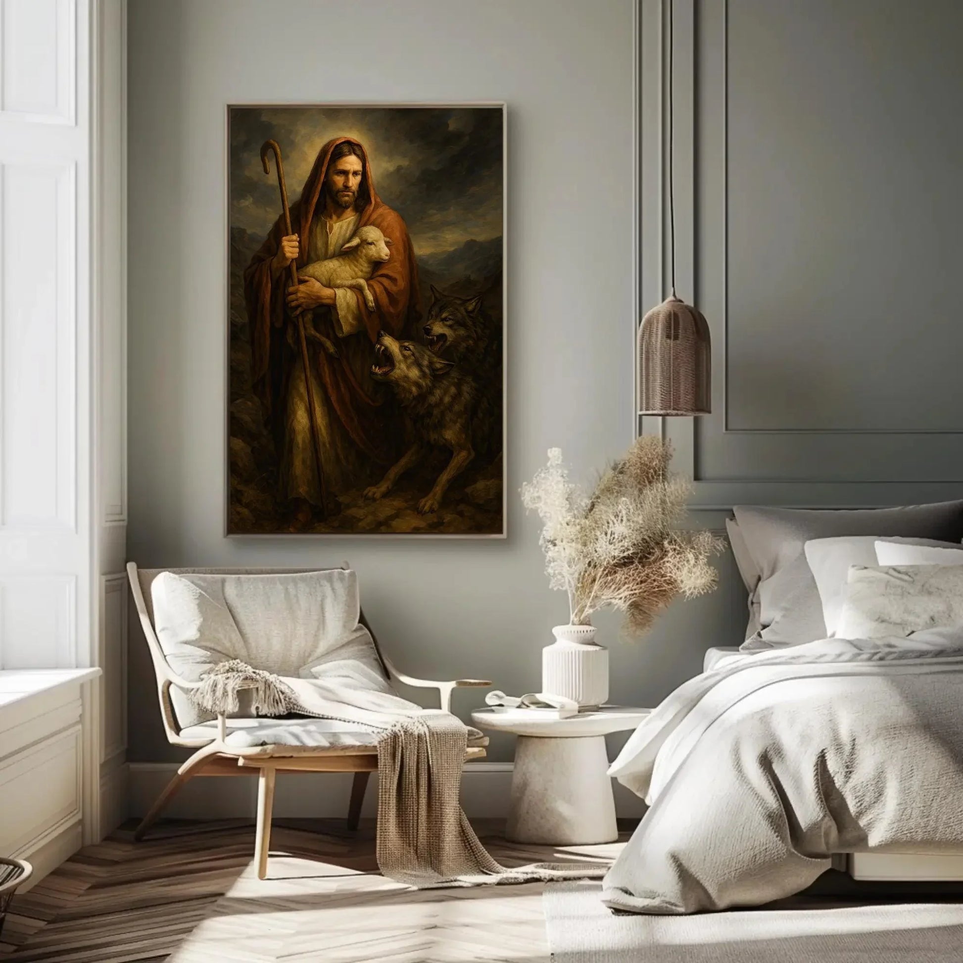 Good Shepherd Painting | Jesus Protecting Lamb from Wolves | Christian Wall Art Canvas | Moody Religious Decor Wall Art – Canvas Print