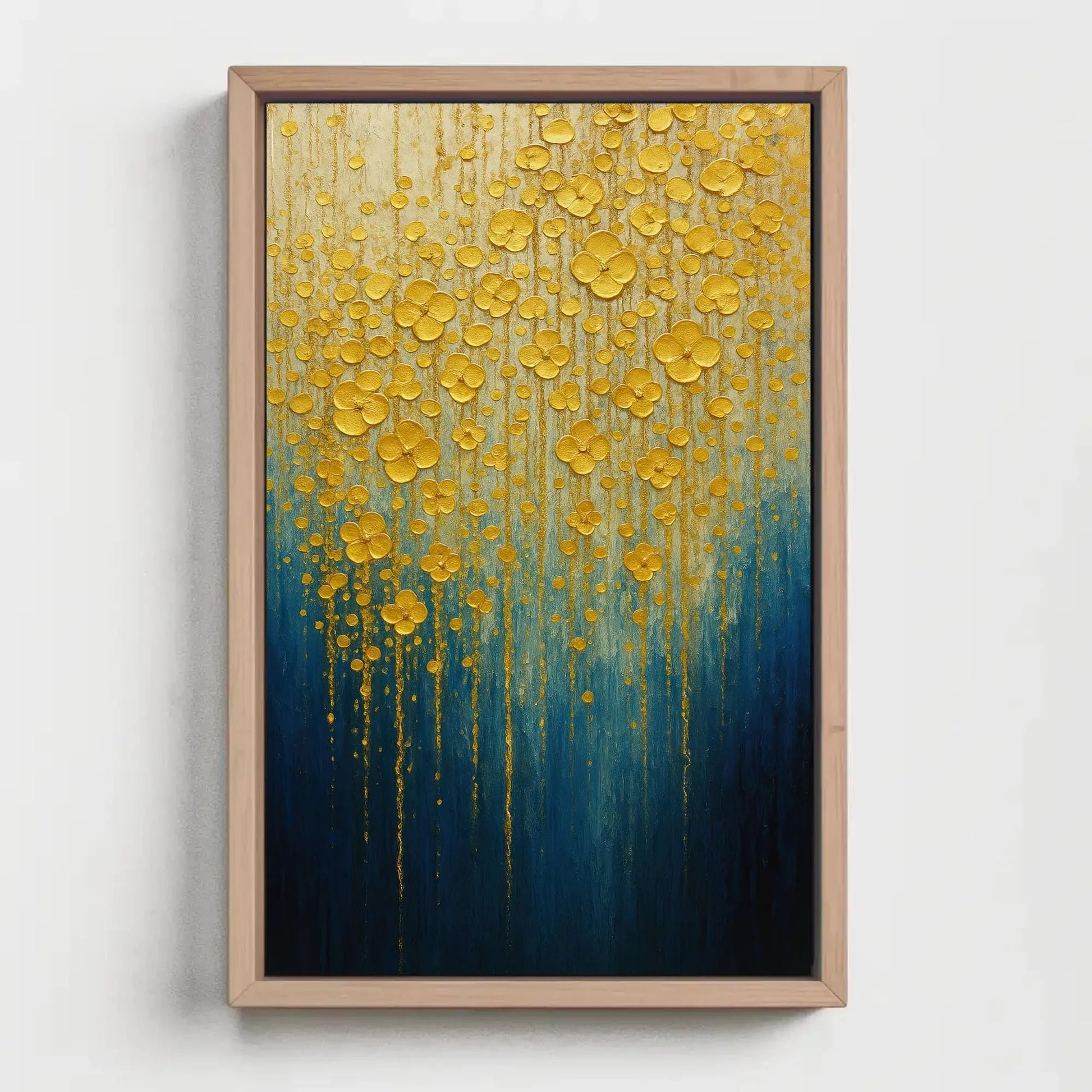 Gold Flower Wall Art | Textured Abstract Painting | Blue and Gold Decor Canvas | Luxury Impasto Floral for Living Room Wall Art – Canvas Print