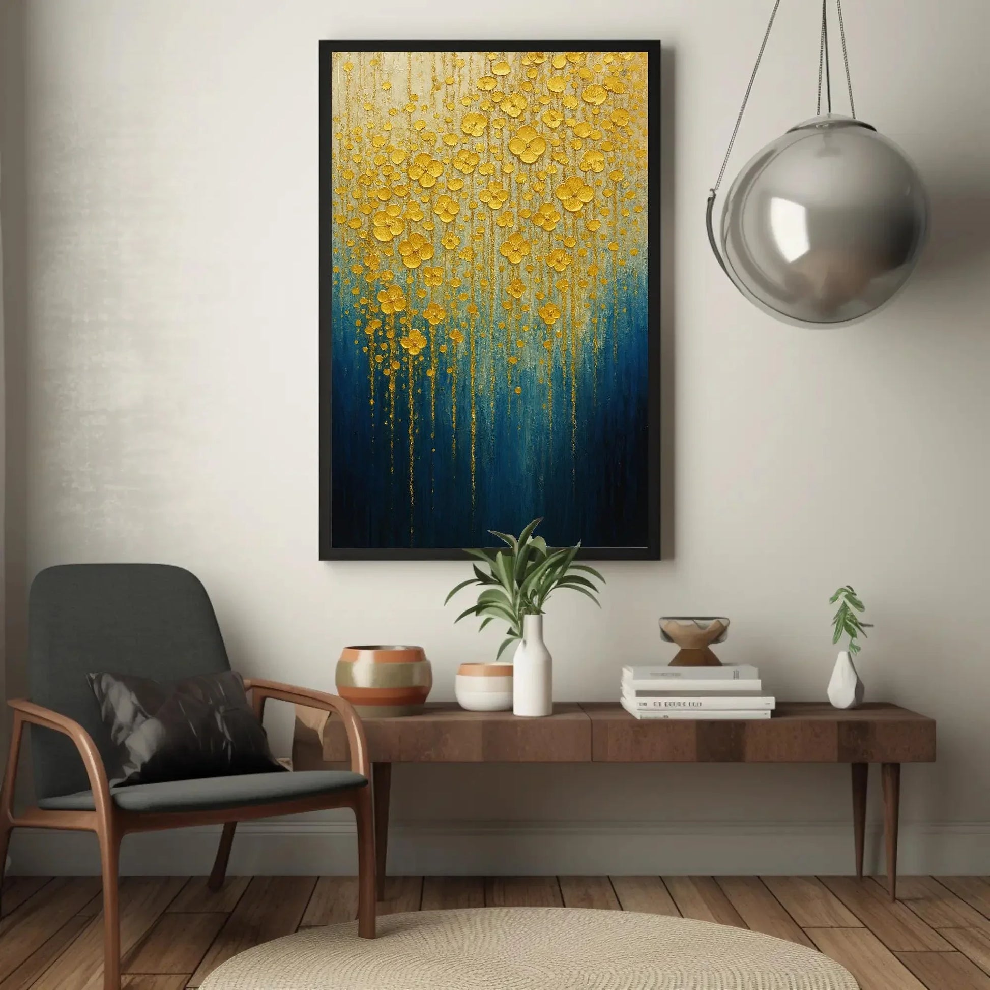 Gold Flower Wall Art | Textured Abstract Painting | Blue and Gold Decor Canvas | Luxury Impasto Floral for Living Room Wall Art – Canvas Print