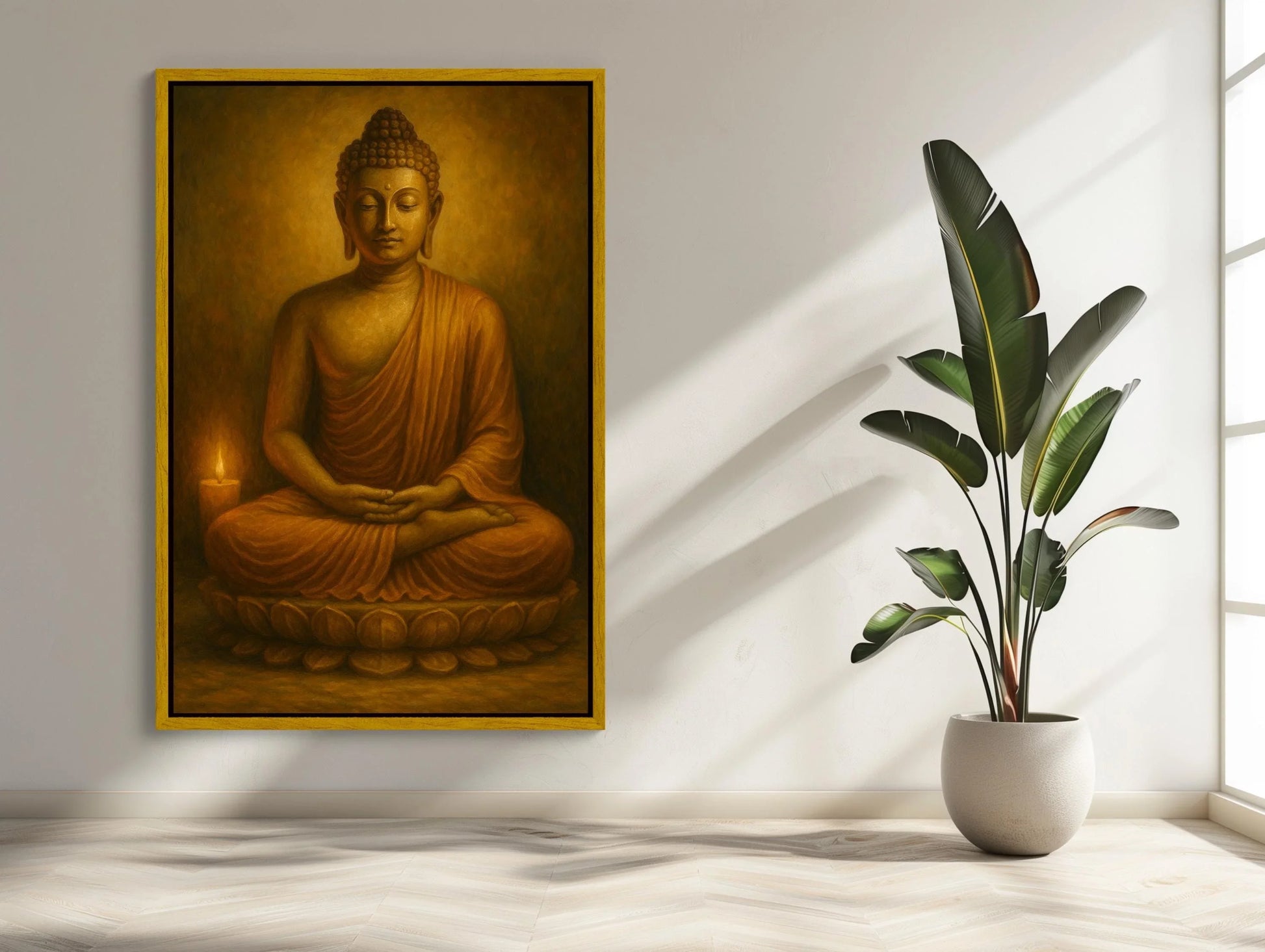 Golden Buddha Statue Meditating with Candlelight Spiritual Canvas Wall Art for Peaceful Yoga Room and Mindfulness Decor Wall Art – Canvas Print