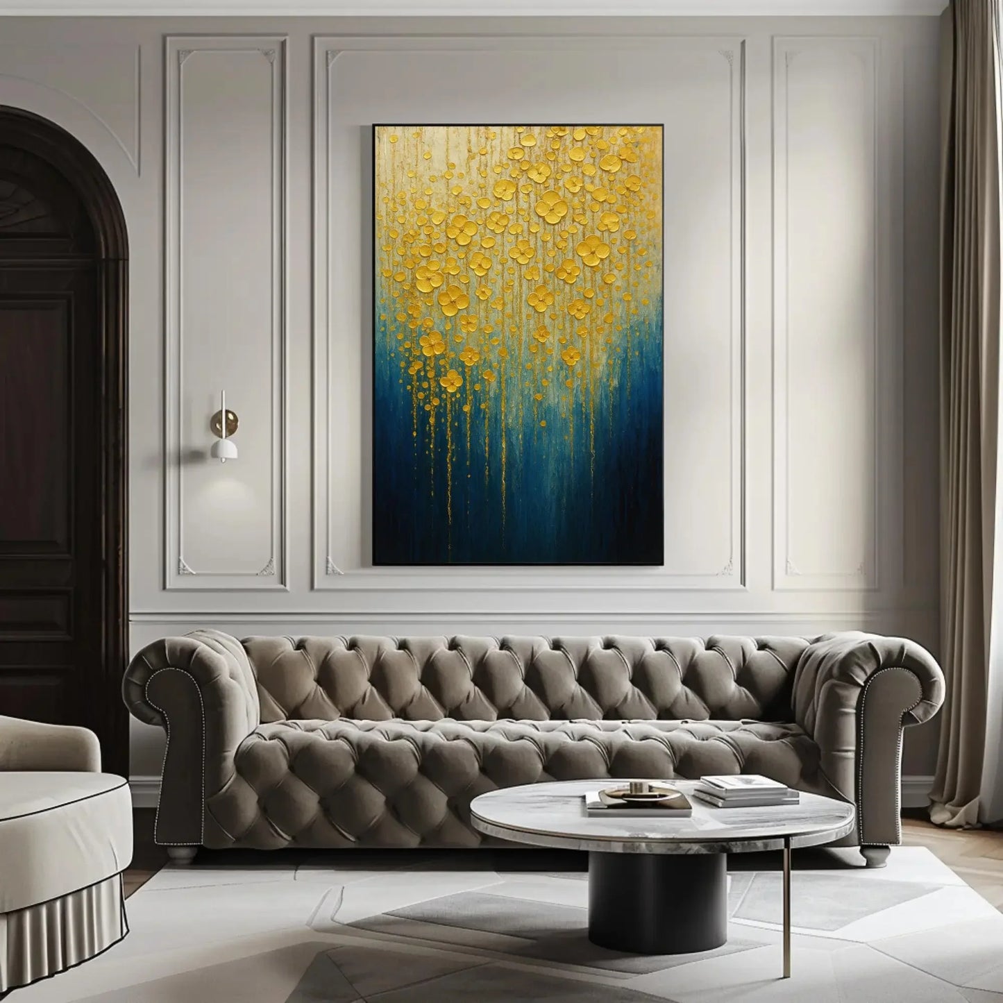 Gold Flower Wall Art | Textured Abstract Painting | Blue and Gold Decor Canvas | Luxury Impasto Floral for Living Room Wall Art – Canvas Print