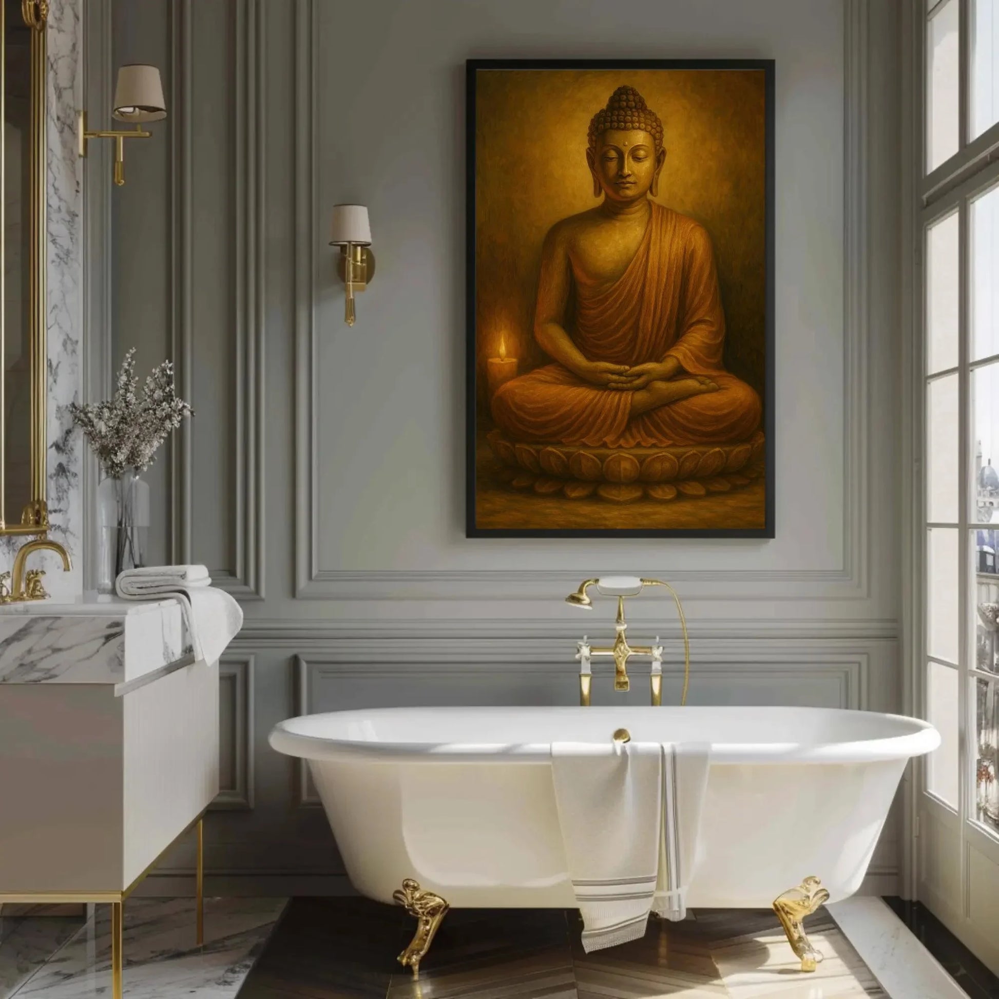Golden Buddha Statue Meditating with Candlelight Spiritual Canvas Wall Art for Peaceful Yoga Room and Mindfulness Decor Wall Art – Canvas Print