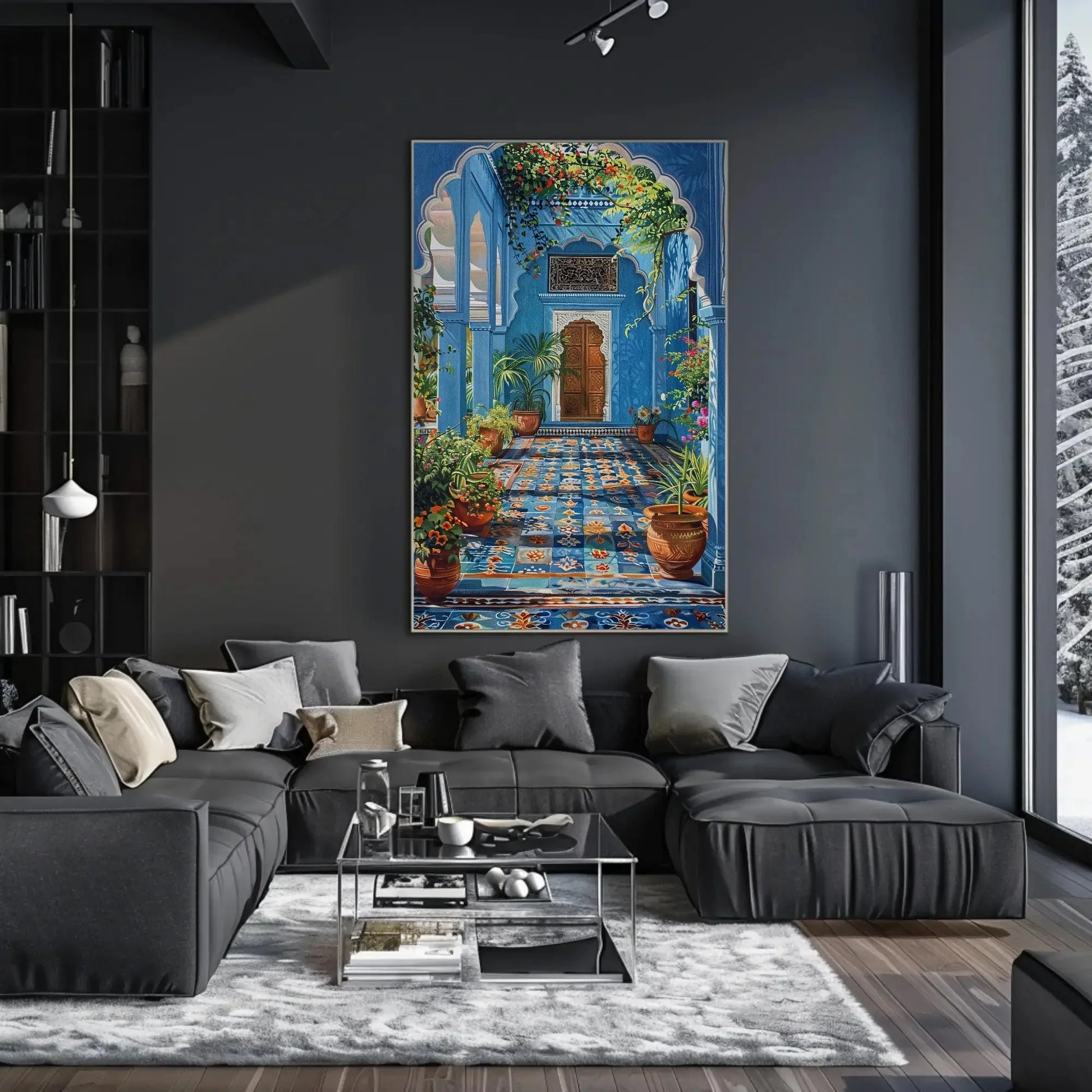 Blue Indian Palace Aangan, Indian Painting, Framed Canvas Wall Art, India Wall Decor, Entryway Decor, Ready To Hang Wall Art – Canvas Print
