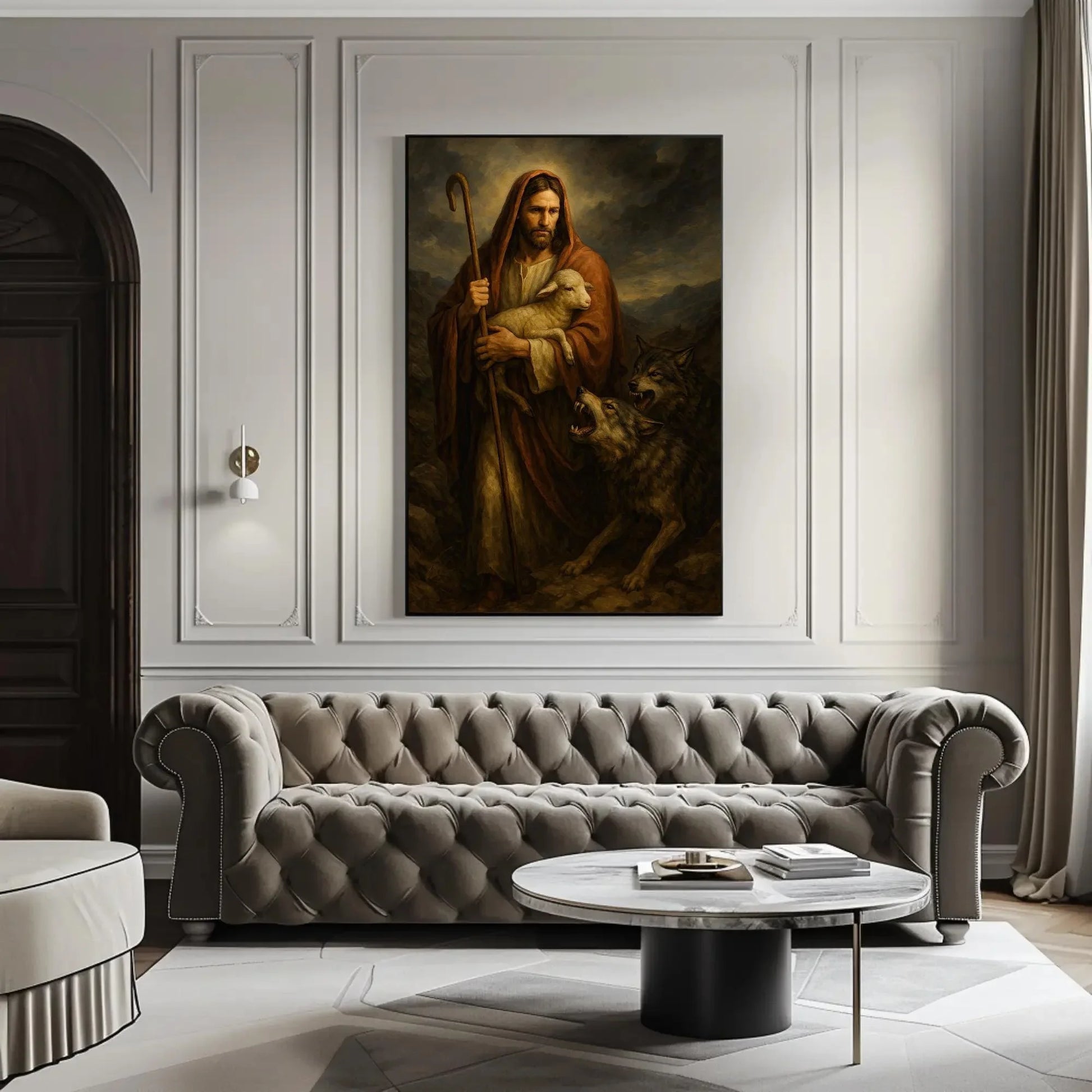 Good Shepherd Painting | Jesus Protecting Lamb from Wolves | Christian Wall Art Canvas | Moody Religious Decor Wall Art – Canvas Print