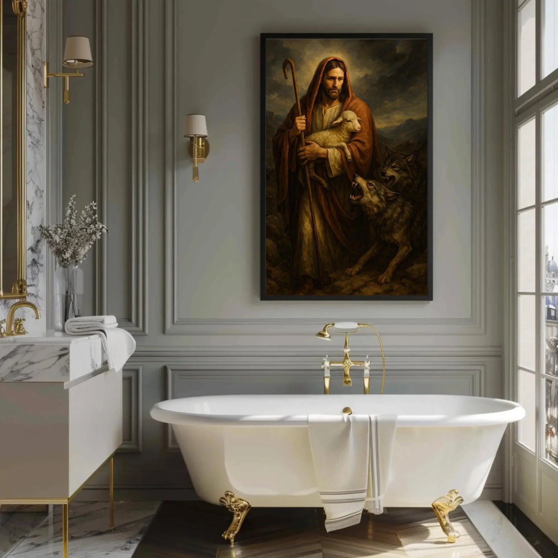 Good Shepherd Painting | Jesus Protecting Lamb from Wolves | Christian Wall Art Canvas | Moody Religious Decor Wall Art – Canvas Print