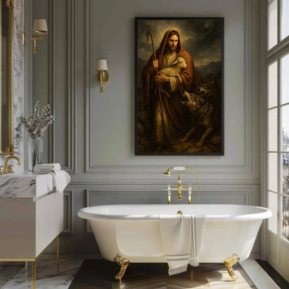 Good Shepherd Painting | Jesus Protecting Lamb from Wolves | Christian Wall Art Canvas | Moody Religious Decor Wall Art – Canvas Print