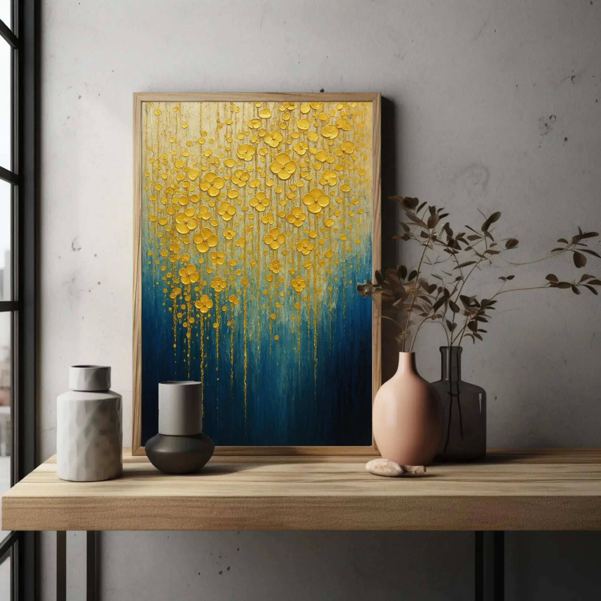 Gold Flower Wall Art | Textured Abstract Painting | Blue and Gold Decor Canvas | Luxury Impasto Floral for Living Room Wall Art – Canvas Print
