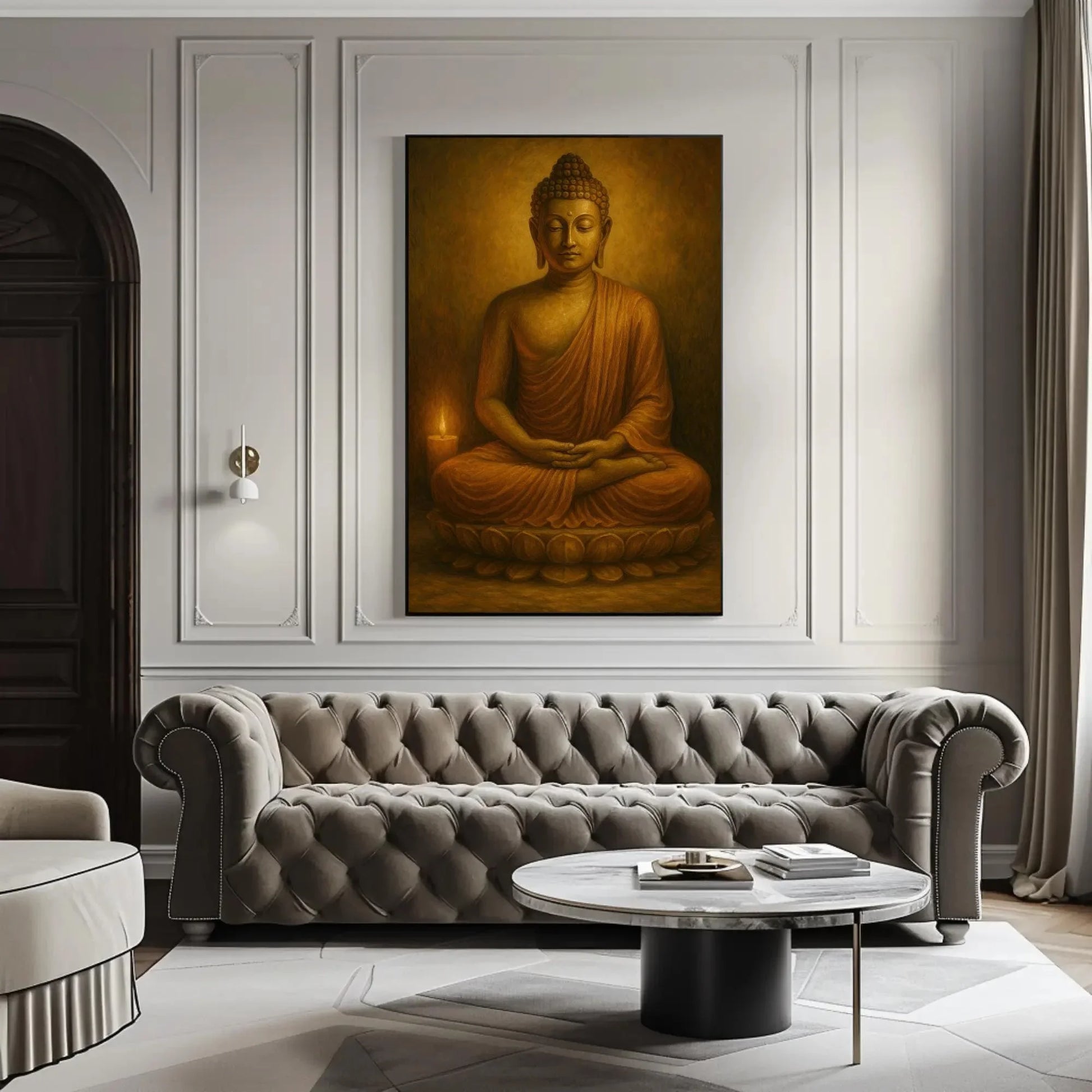 Golden Buddha Statue Meditating with Candlelight Spiritual Canvas Wall Art for Peaceful Yoga Room and Mindfulness Decor Wall Art – Canvas Print