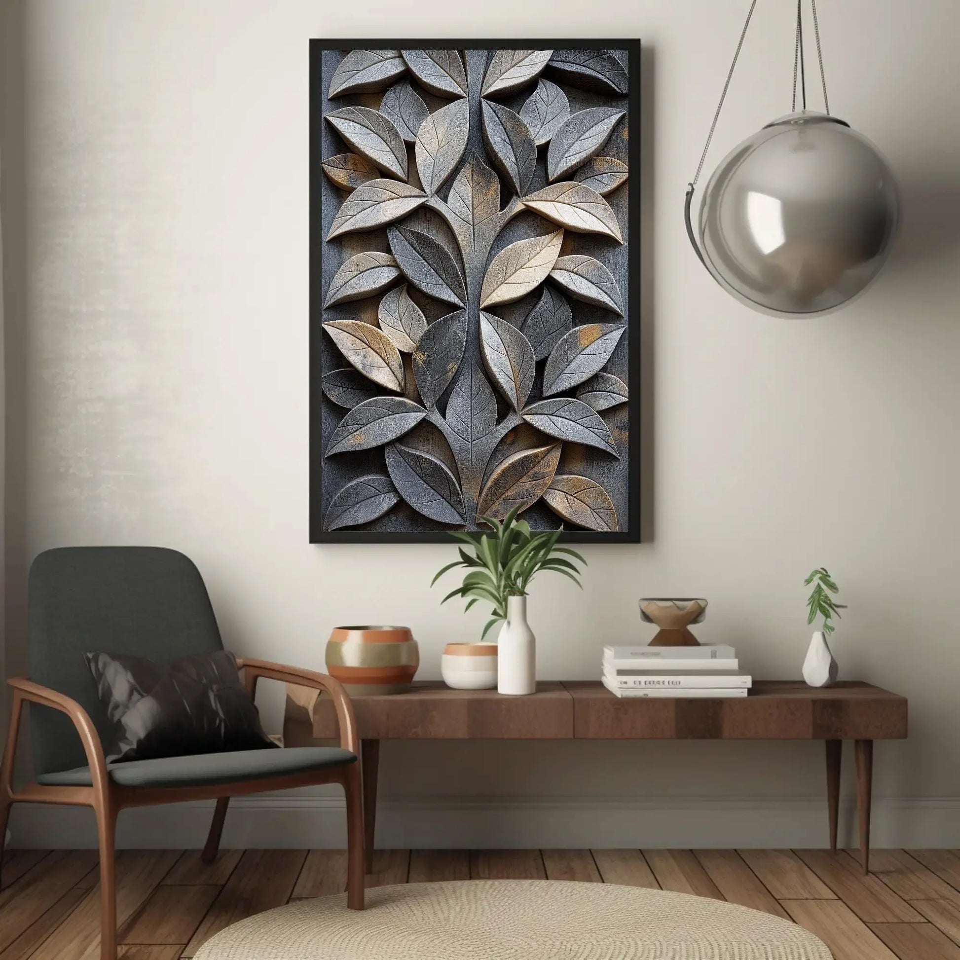 Carved Stone Leaf Design Canvas | Elegant Nature Wall Art | Framed Botanical Artwork for Living Room, Garden Room, Office, Ready to Hang Wall Art – Canvas Print