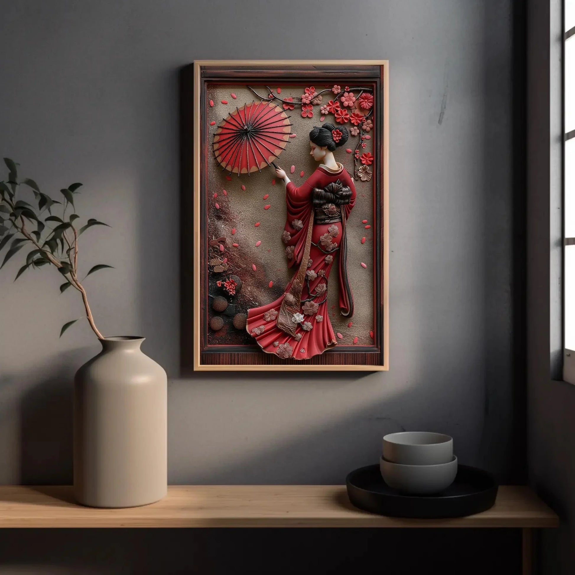 Japanese Geisha 3D Frame Effect Canvas with Cherry Blossoms | Elegant Asian Wall Art | Japanese Artwork for Living Room, Bedroom, Tea Room Wall Art – Canvas Print