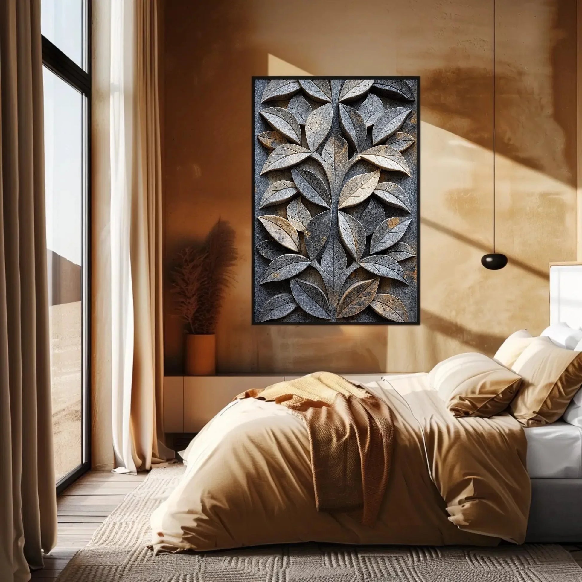 Carved Stone Leaf Design Canvas | Elegant Nature Wall Art | Framed Botanical Artwork for Living Room, Garden Room, Office, Ready to Hang Wall Art – Canvas Print