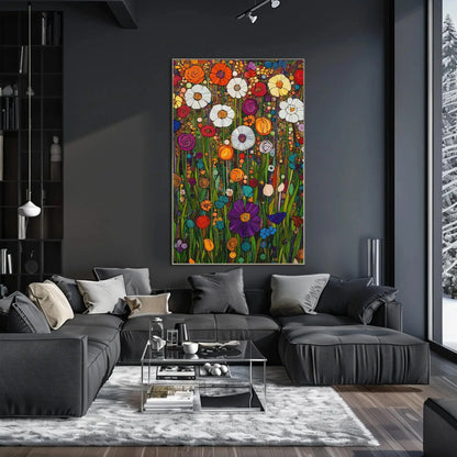 Garden Full of Flowers Canvas Print, Gustav Klimt-Inspired Floral Art, Vibrant Botanical Wall Decor, Artistic Nature Scene, Ready to Hang Wall Art – Canvas Print