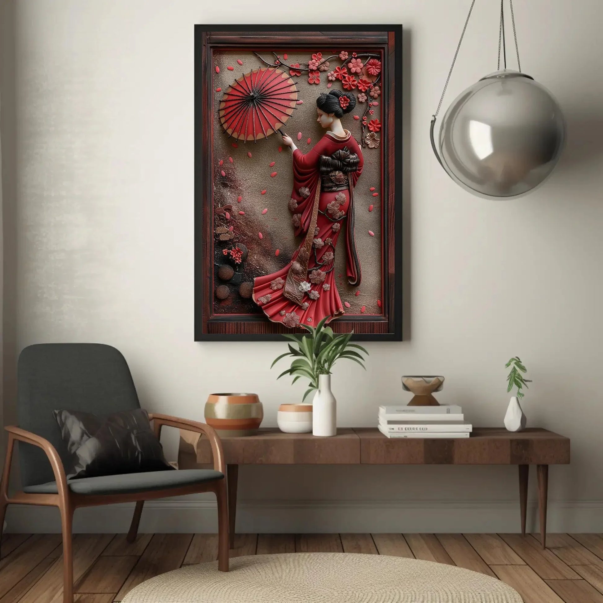 Japanese Geisha 3D Frame Effect Canvas with Cherry Blossoms | Elegant Asian Wall Art | Japanese Artwork for Living Room, Bedroom, Tea Room Wall Art – Canvas Print