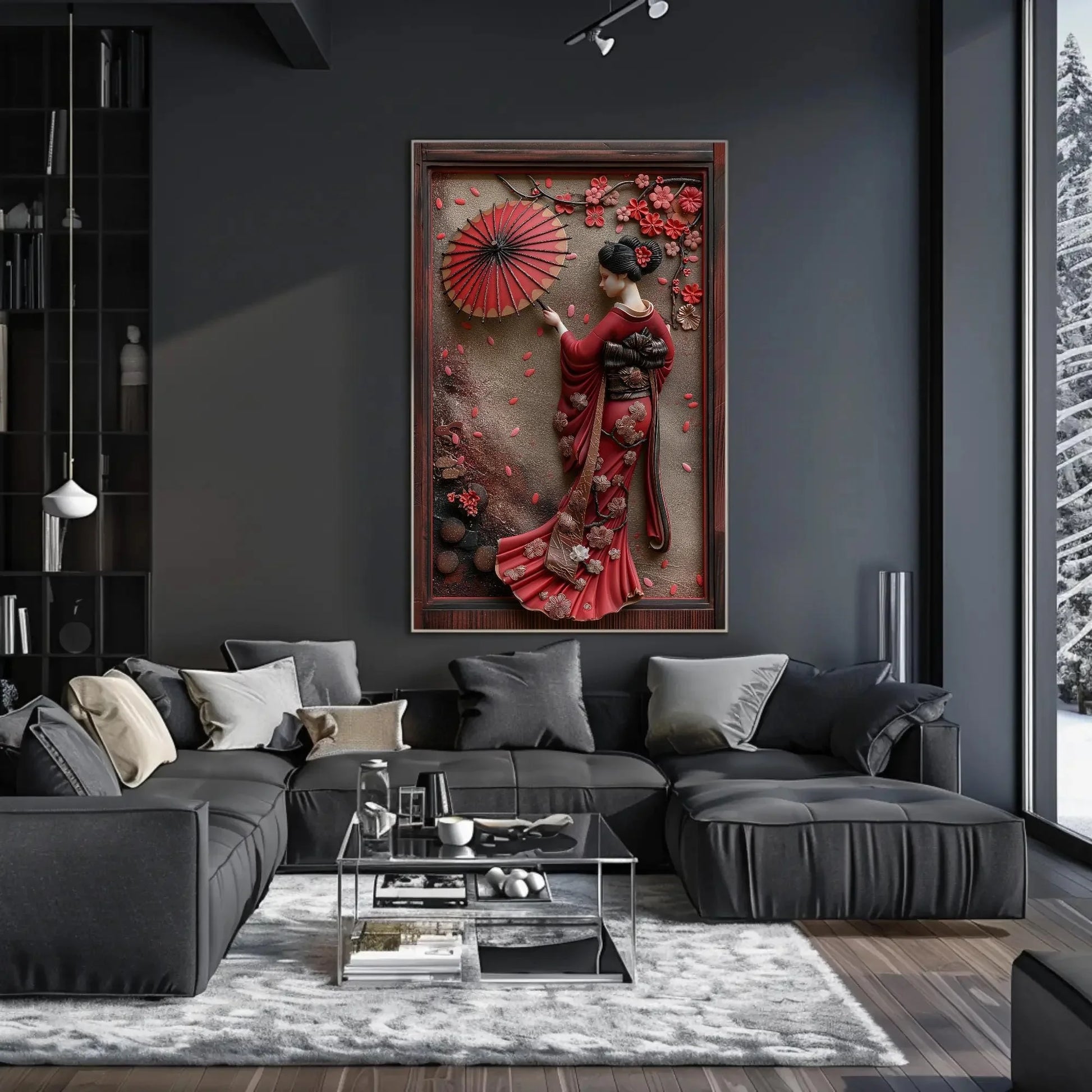 Japanese Geisha 3D Frame Effect Canvas with Cherry Blossoms | Elegant Asian Wall Art | Japanese Artwork for Living Room, Bedroom, Tea Room Wall Art – Canvas Print