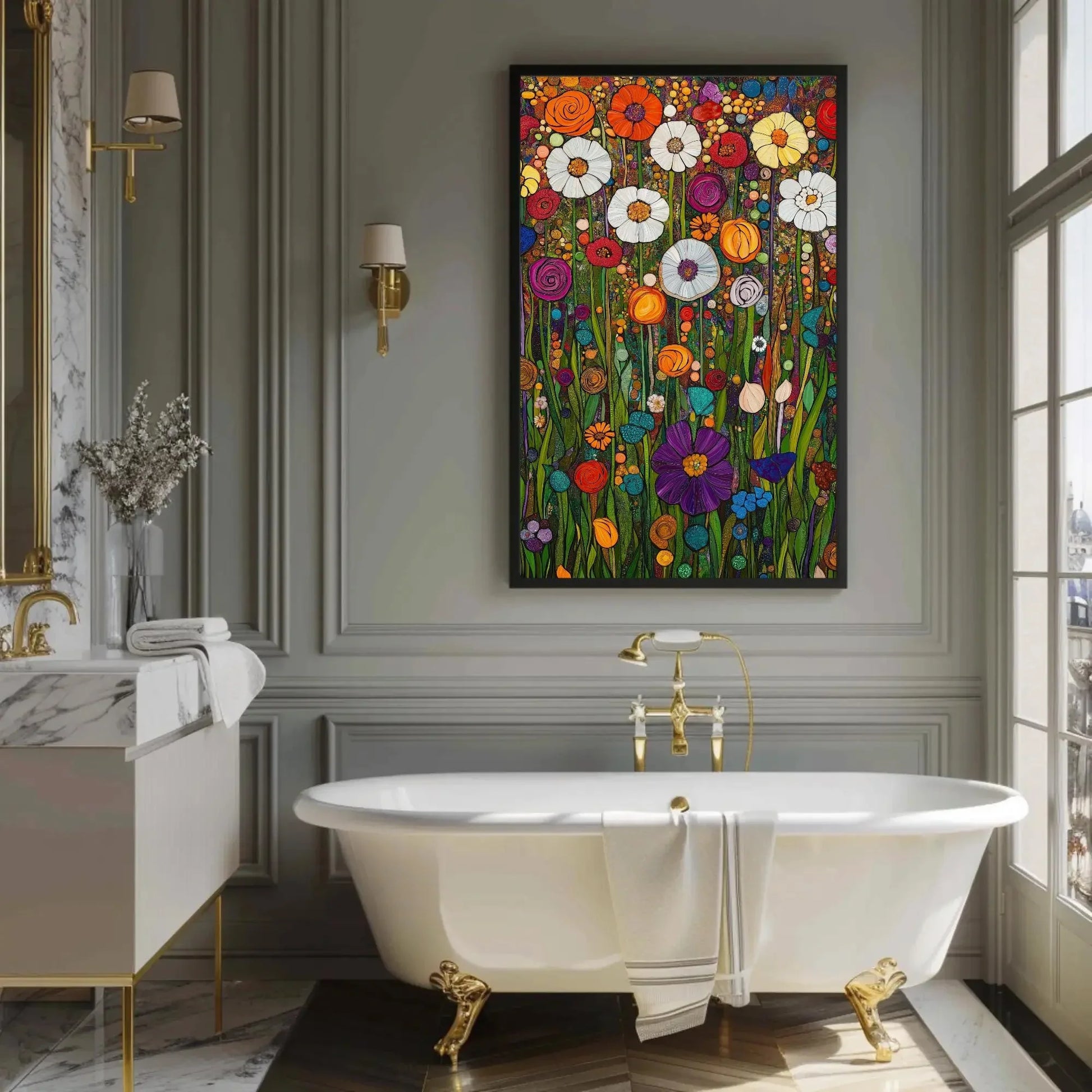 Garden Full of Flowers Canvas Print, Gustav Klimt-Inspired Floral Art, Vibrant Botanical Wall Decor, Artistic Nature Scene, Ready to Hang Wall Art – Canvas Print