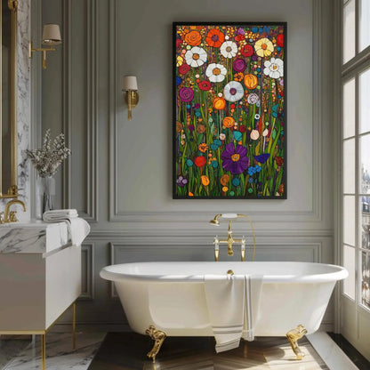 Garden Full of Flowers Canvas Print, Gustav Klimt-Inspired Floral Art, Vibrant Botanical Wall Decor, Artistic Nature Scene, Ready to Hang Wall Art – Canvas Print