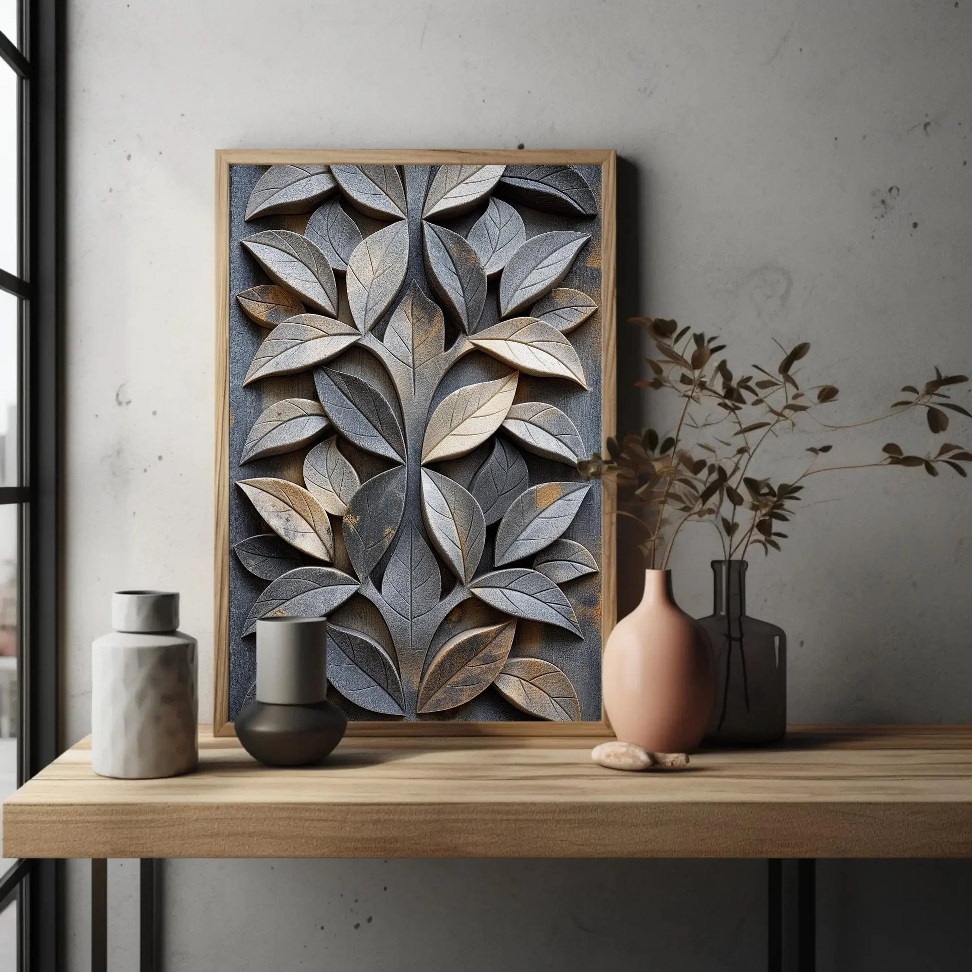 Carved Stone Leaf Design Canvas | Elegant Nature Wall Art | Framed Botanical Artwork for Living Room, Garden Room, Office, Ready to Hang Wall Art – Canvas Print