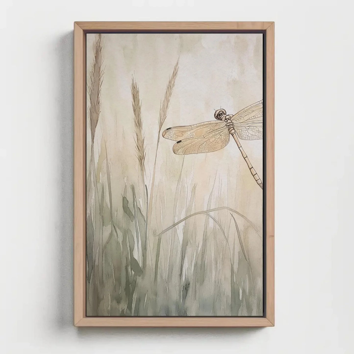 Dragonfly in the Grass Canvas Print, Watercolor Dragonfly Painting, Beige Tones, Nature Wall Art, Serene Home Decor, Ready to Hang Art Wall Art – Canvas Print