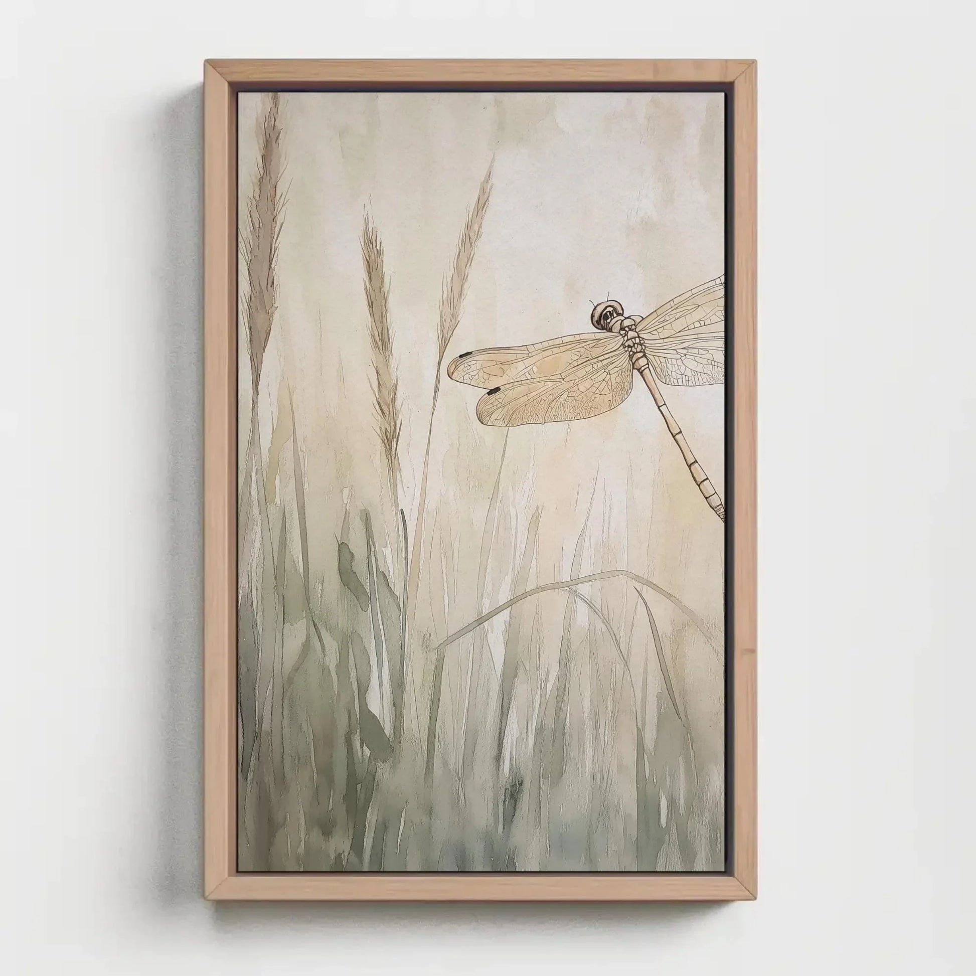 Dragonfly in the Grass Canvas Print, Watercolor Dragonfly Painting, Beige Tones, Nature Wall Art, Serene Home Decor, Ready to Hang Art Wall Art – Canvas Print