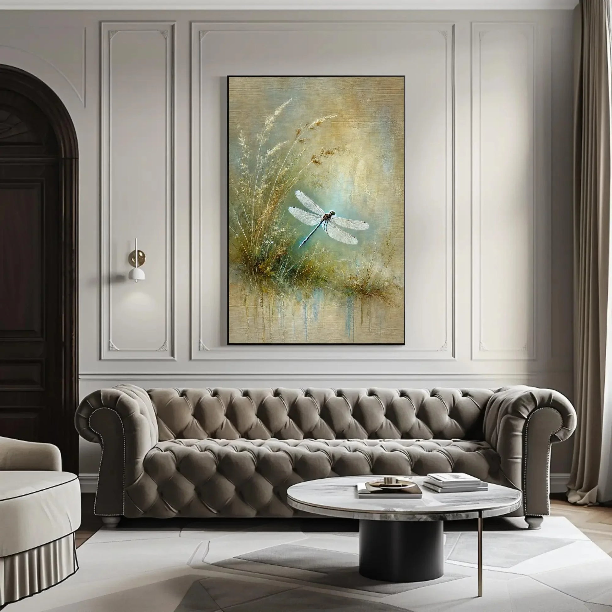 Dragonfly Sage Green Painting Canvas Print, Minimalist Nature Wall Art, Botanical Decor, Tranquil Dragonfly Art, Ready to Hang Wall Art – Canvas Print