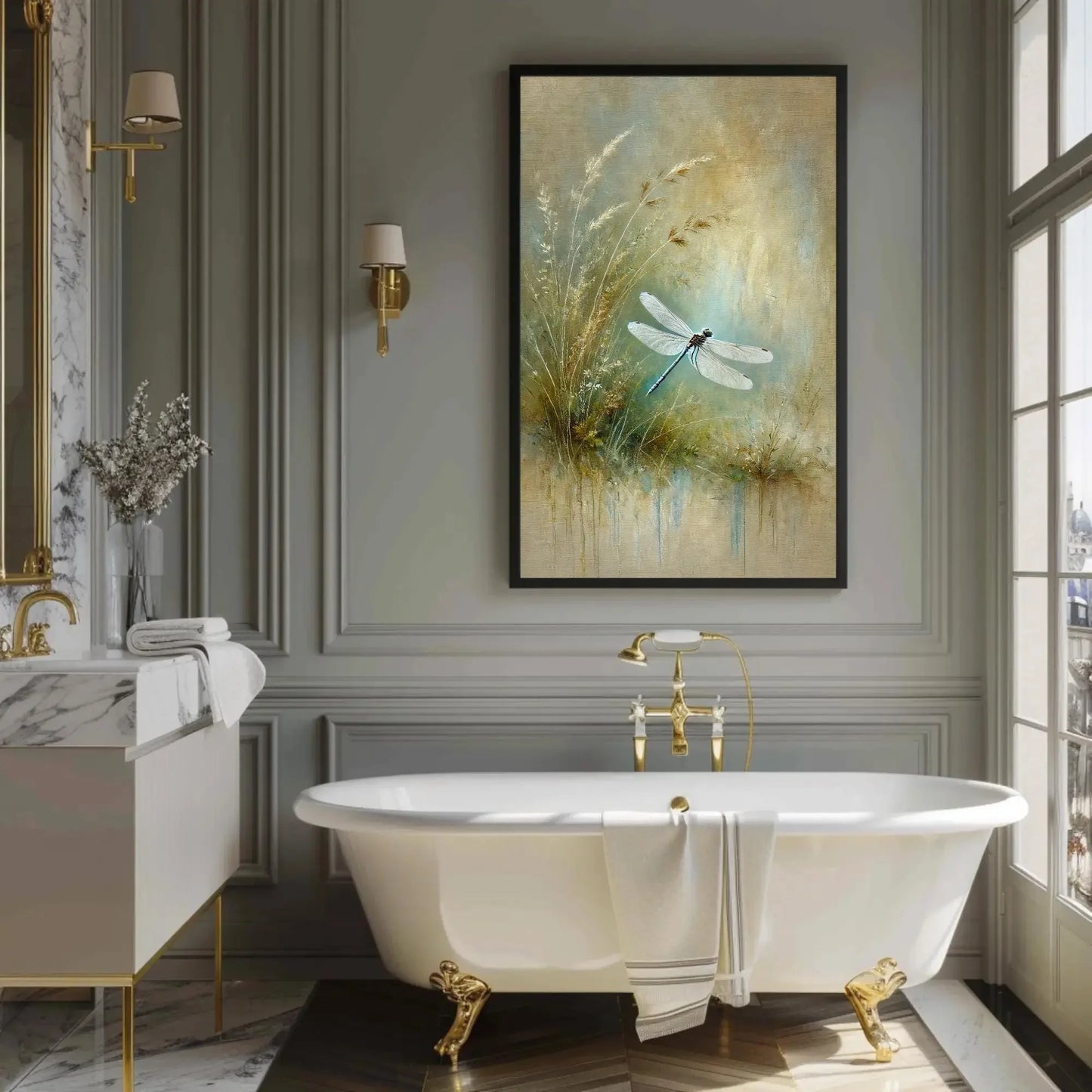 Dragonfly Sage Green Painting Canvas Print, Minimalist Nature Wall Art, Botanical Decor, Tranquil Dragonfly Art, Ready to Hang Wall Art – Canvas Print